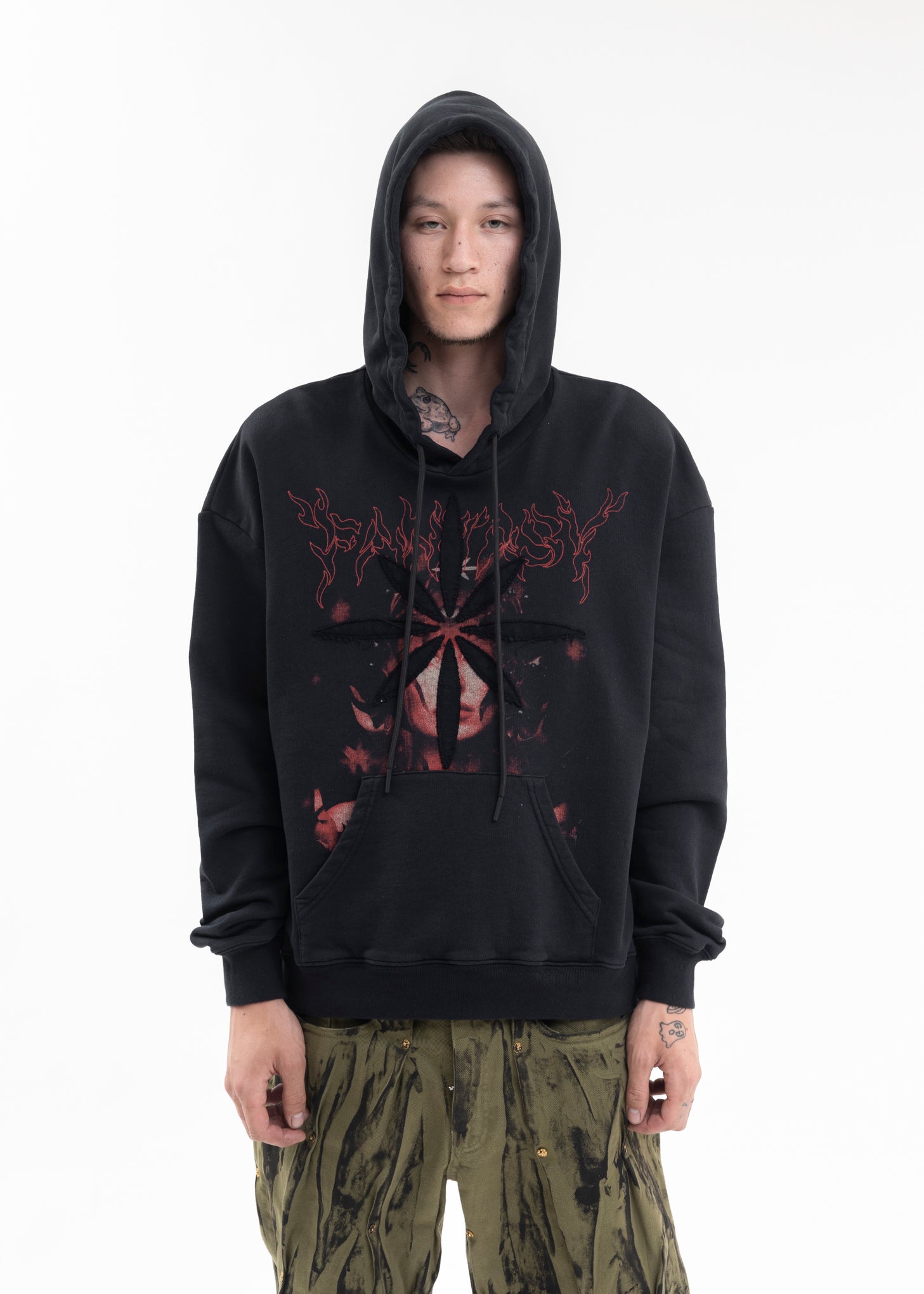 Black Leopard Patchwork Half Zip Pocketed Pullover Hoodie