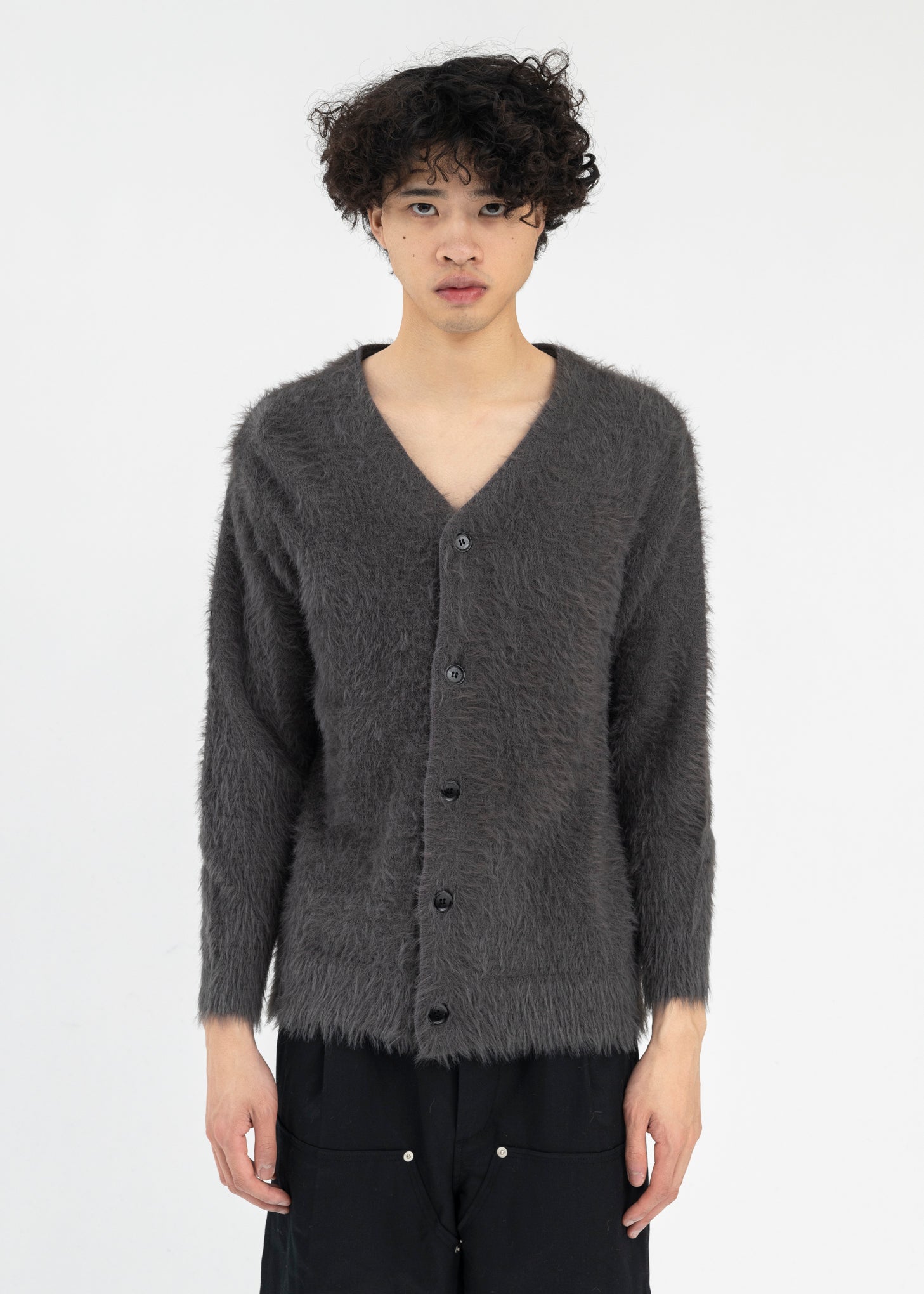 GREY LONG PILE KNIT CARDIGAN