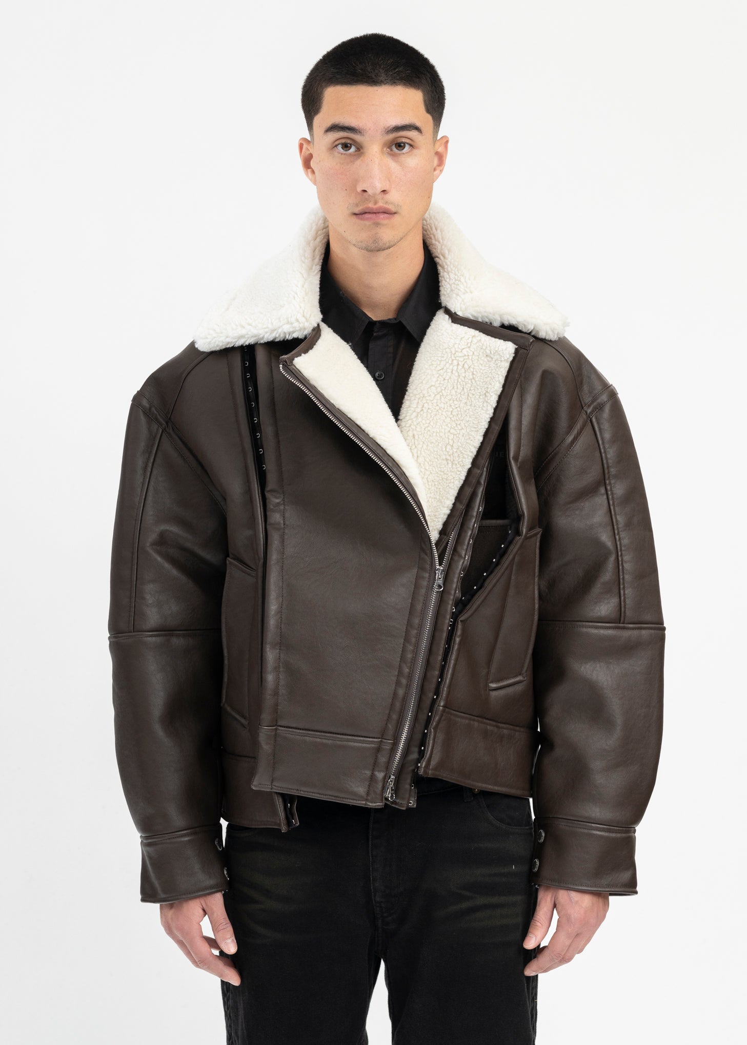 Y/Project – Hook and Eye Shearling Jacket Dark Brown/Off White