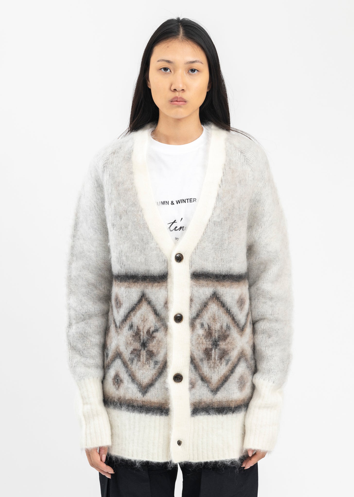 Vintage Mohair Cardigan Fair Isle Grey Black Blue 18 20 22