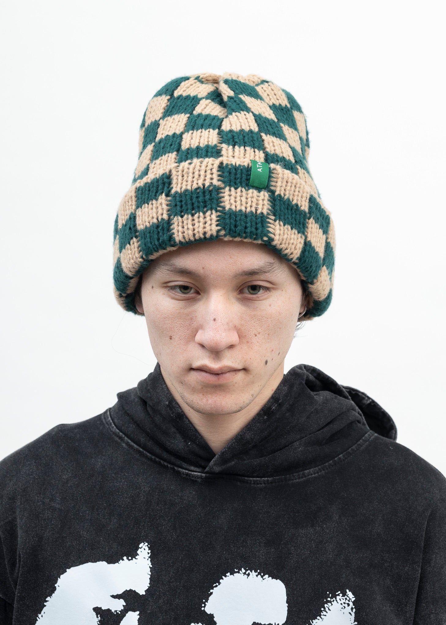 Beige & Green Checkered Beanie – 017 Shop
