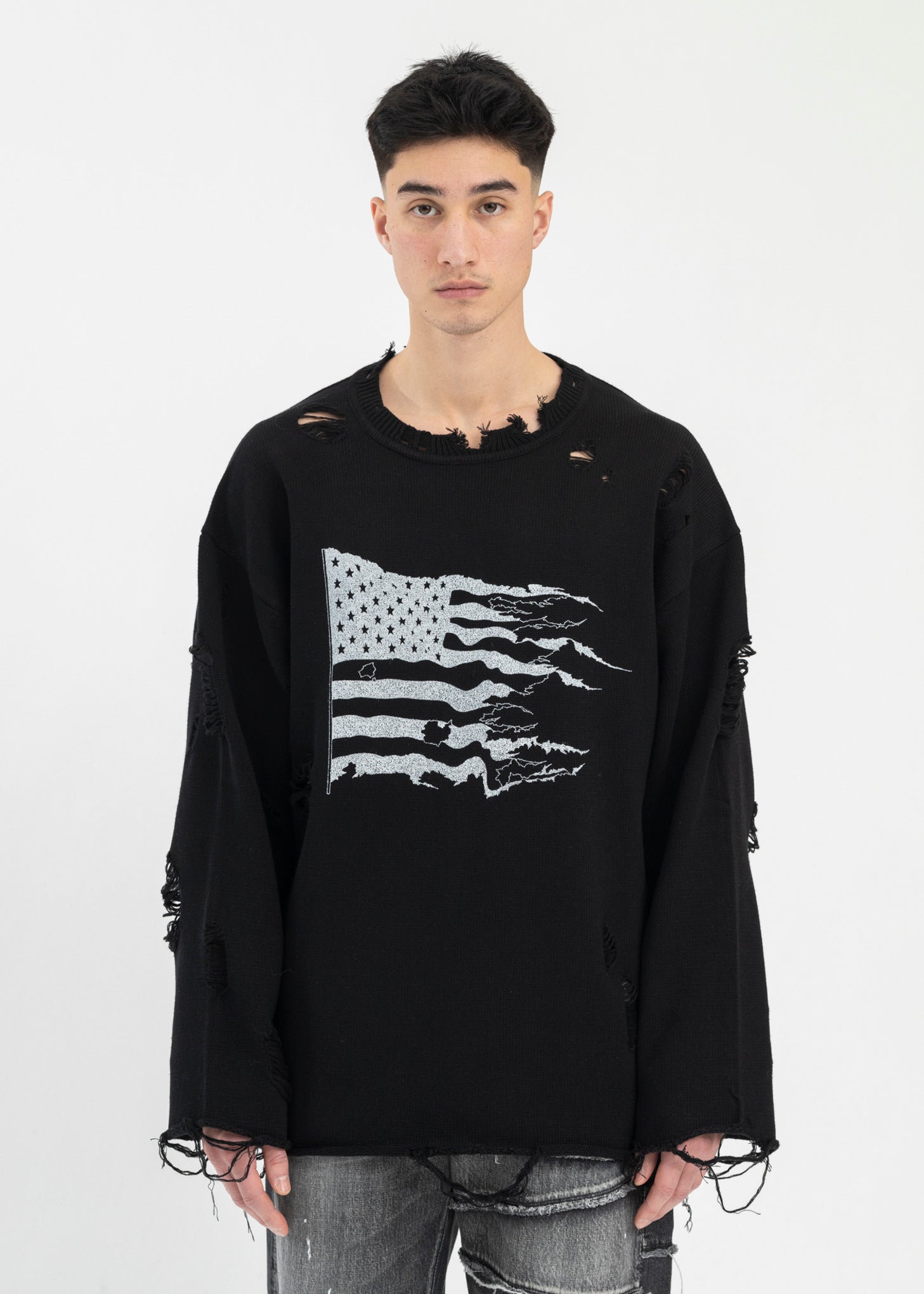 Black Destroyed Printed Knit L/S Tee