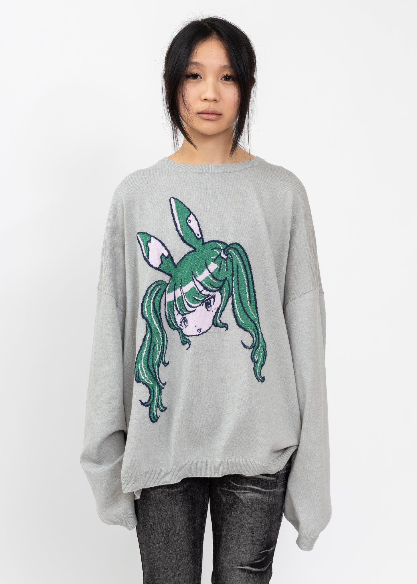 Grey Cyber Punk Girl Intarsia Knit Pullover – 017 Shop