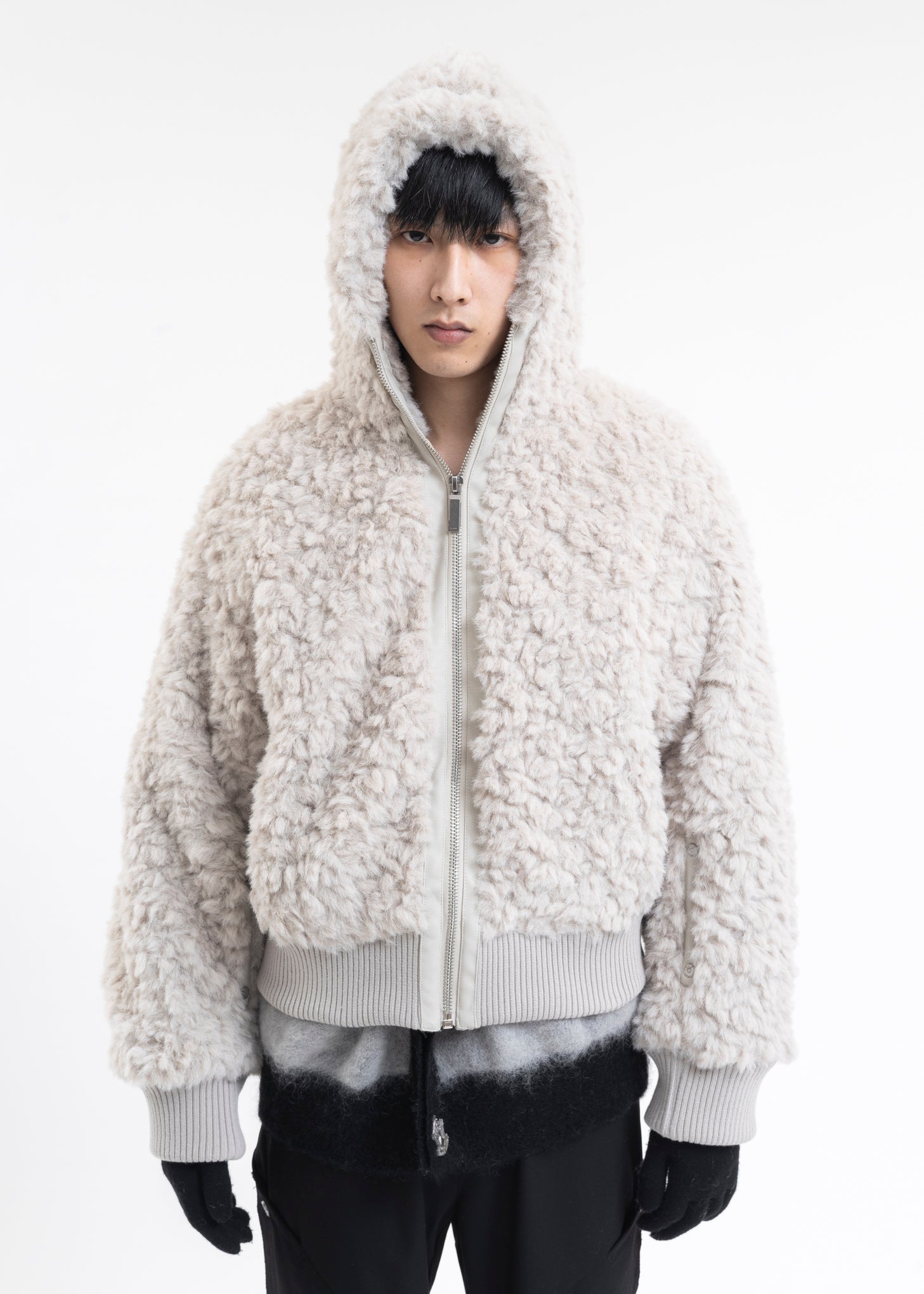 SMOKY GREYLEATHER STRIP FAUX FUR HOODED JACKET 017 Shop