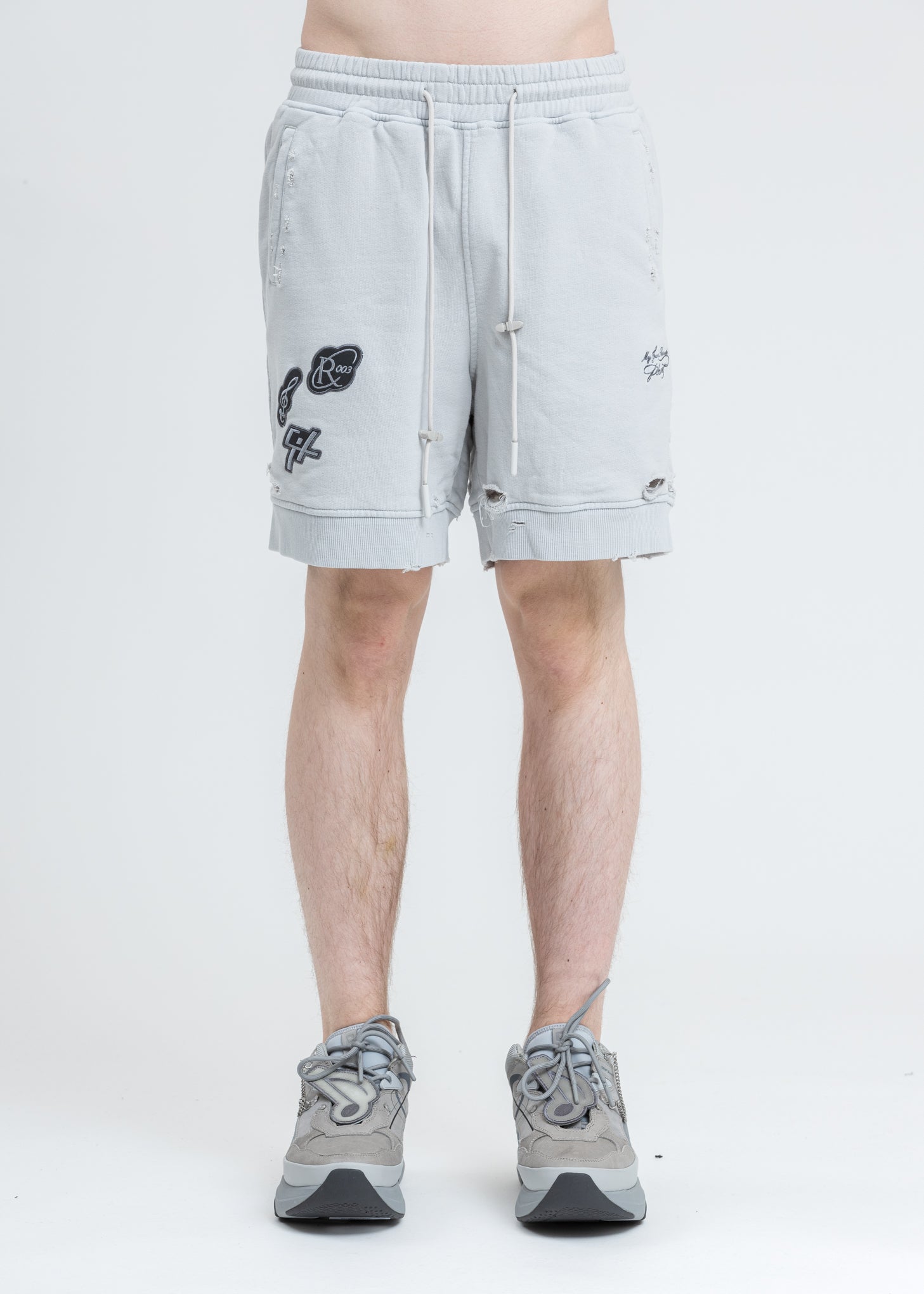 White Patched Ruin Distressed Sweat Shorts