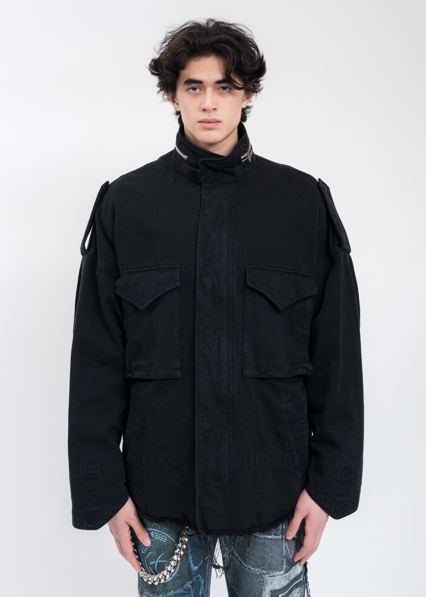 Black SILK TWILL MILITARY Jacket – 017 Shop