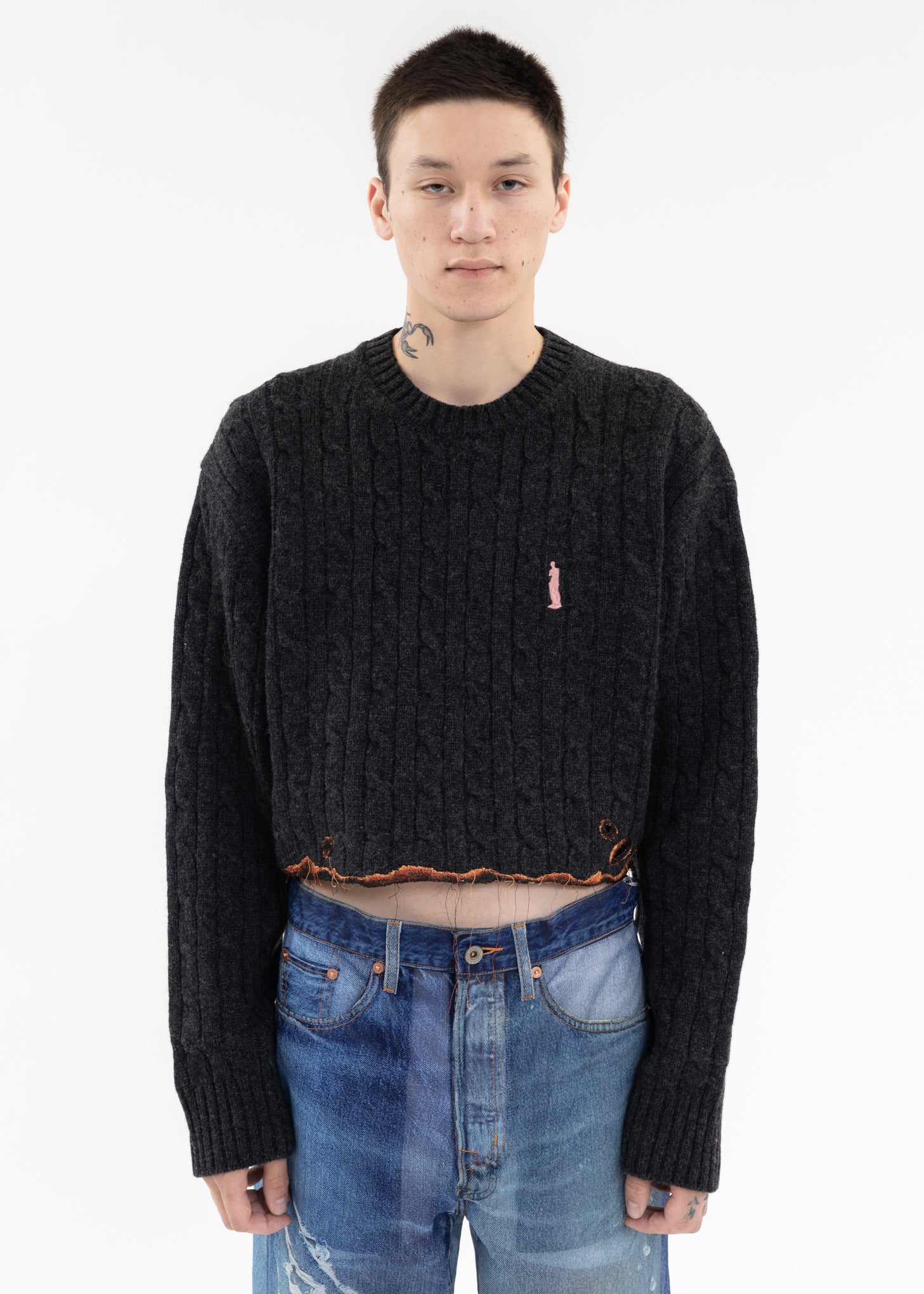 Charcoal BURNING EMBROIDERY KNIT PULLOVER – 017 Shop