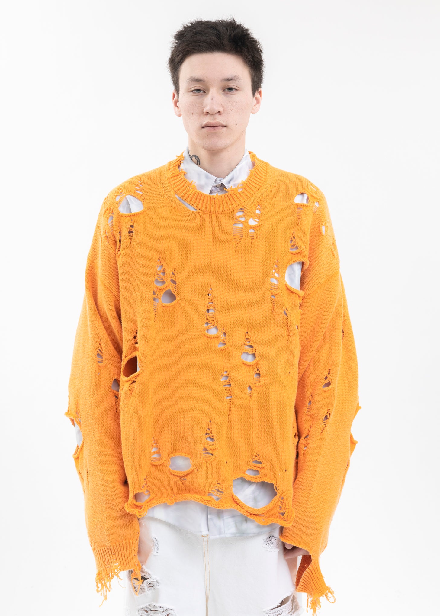 ORANGE DESTROYED KNIT PULLOVER