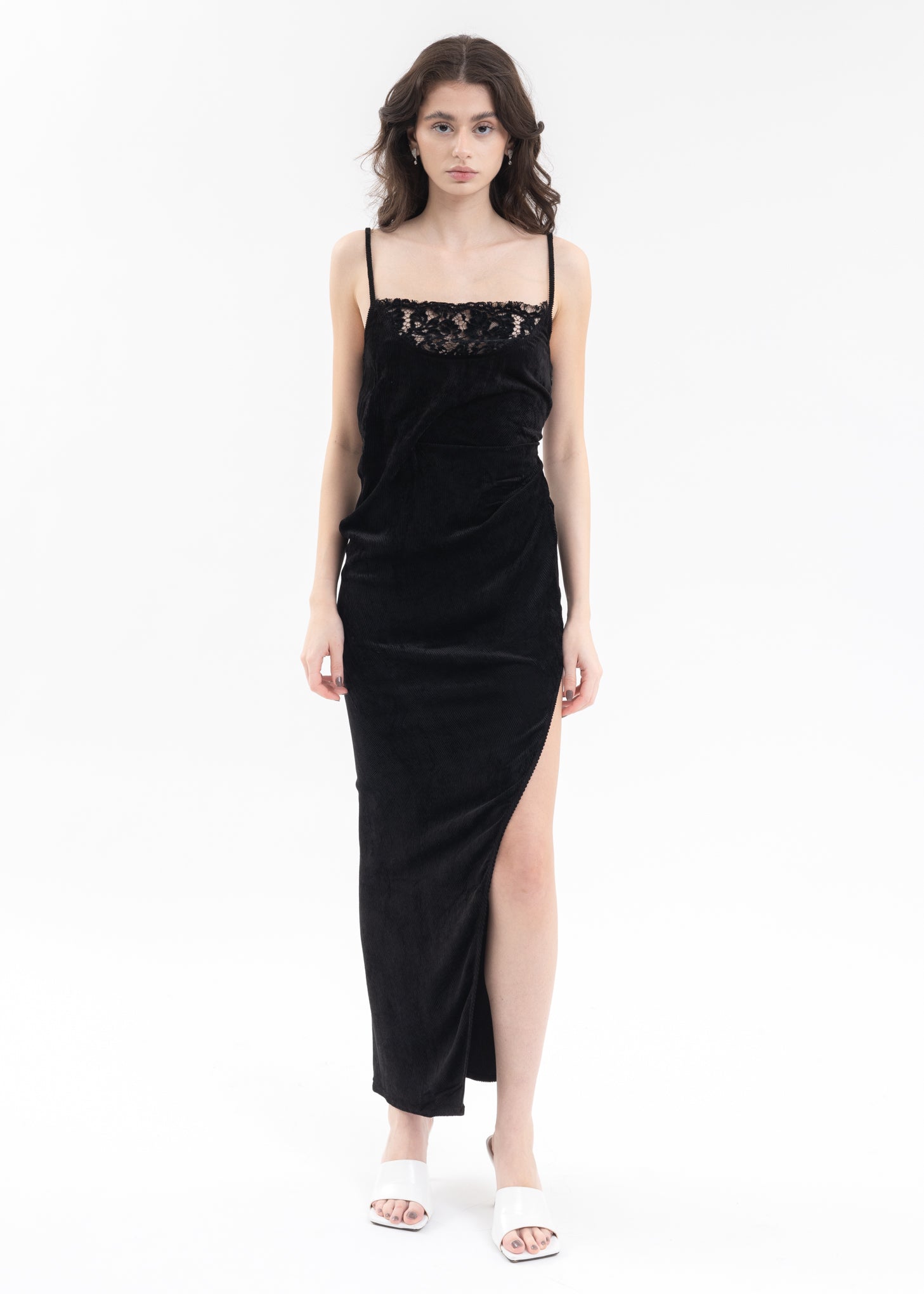 Black Corduroy And Lace Patchwork Dress – 017 Shop