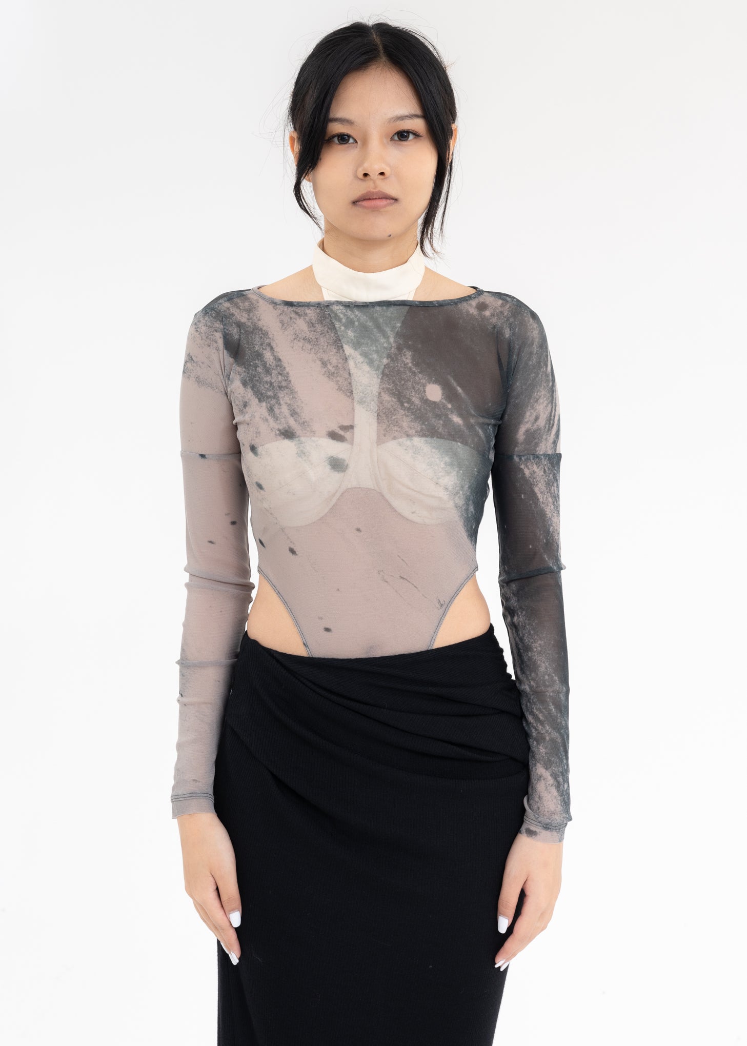 Cream Gathered Mesh Bodysuit main image 1