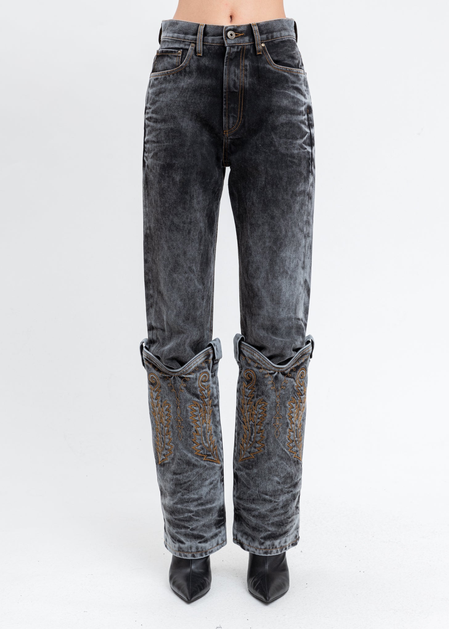 Black Acid Wash Cowboy Cuff Jeans