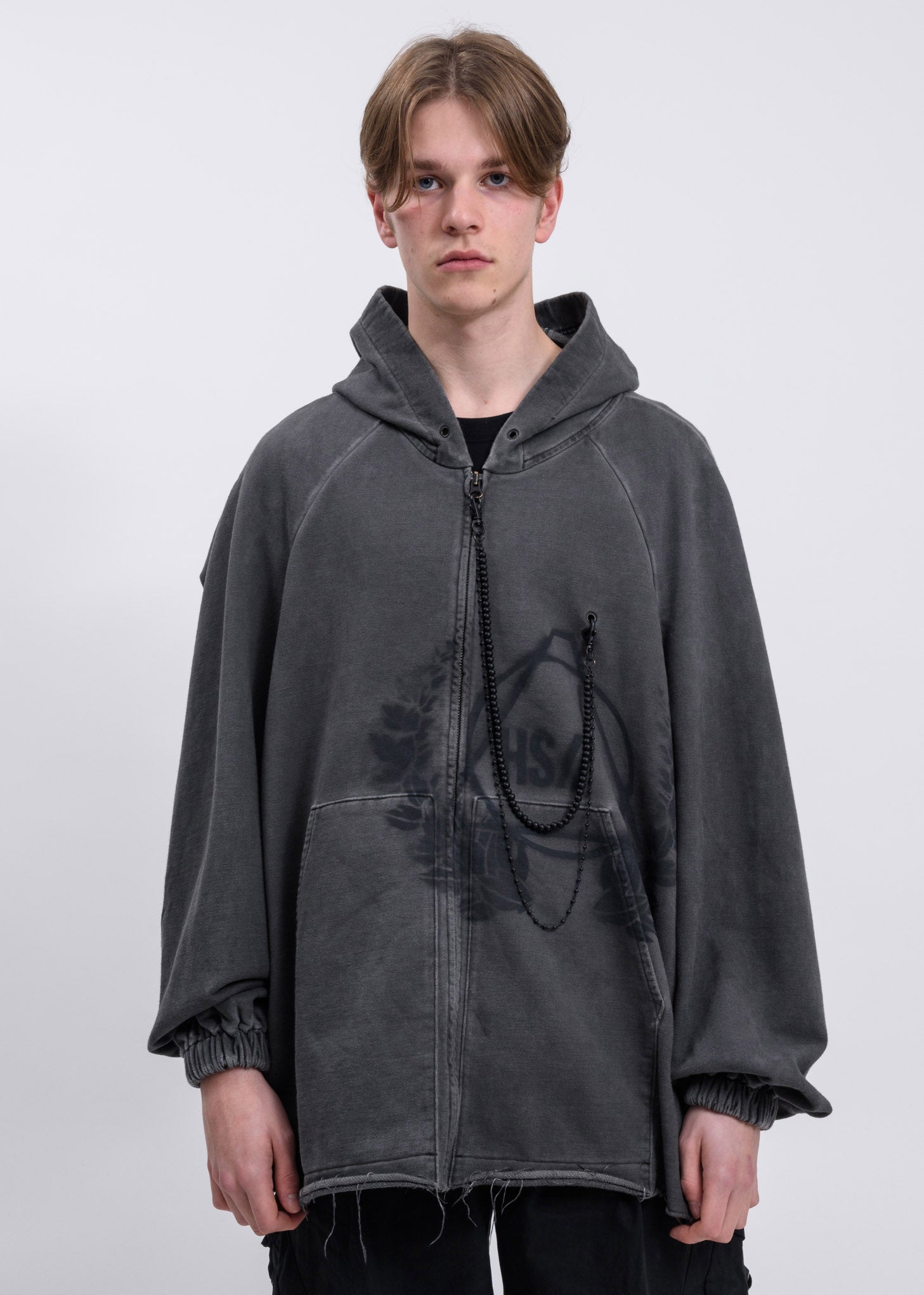 Dark Gray Raw Edge Zip-Up Hoodie