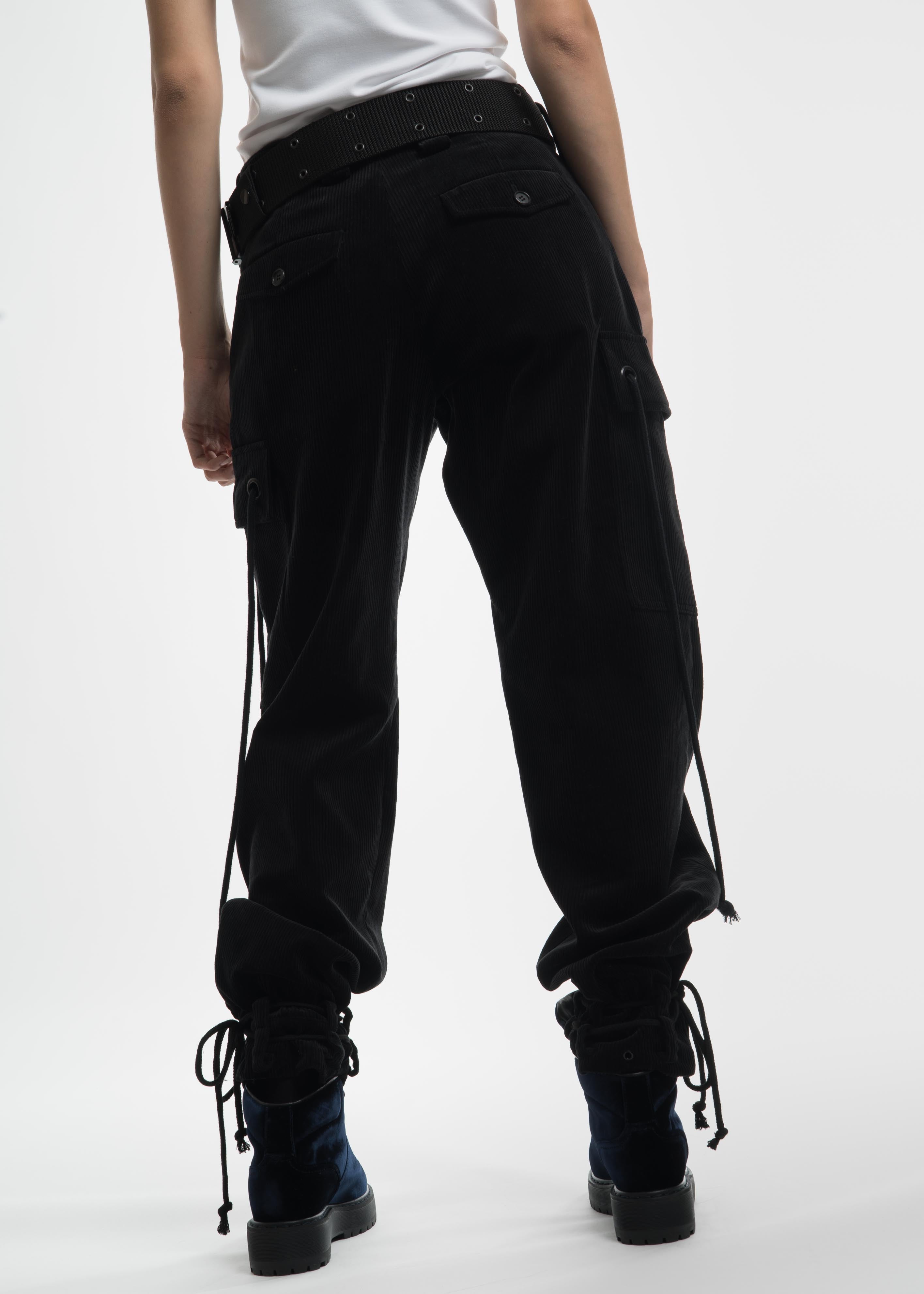 Black Corduroy Pants with Military Belt – 017 Shop