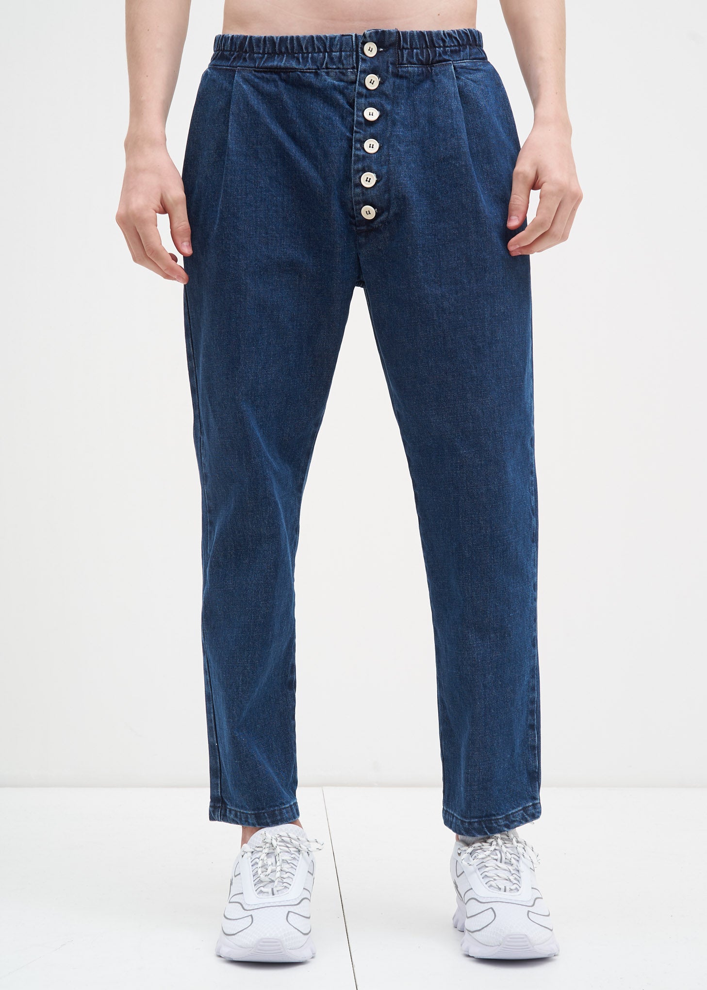 Washed Denim Elastic Pants w/ Buttons