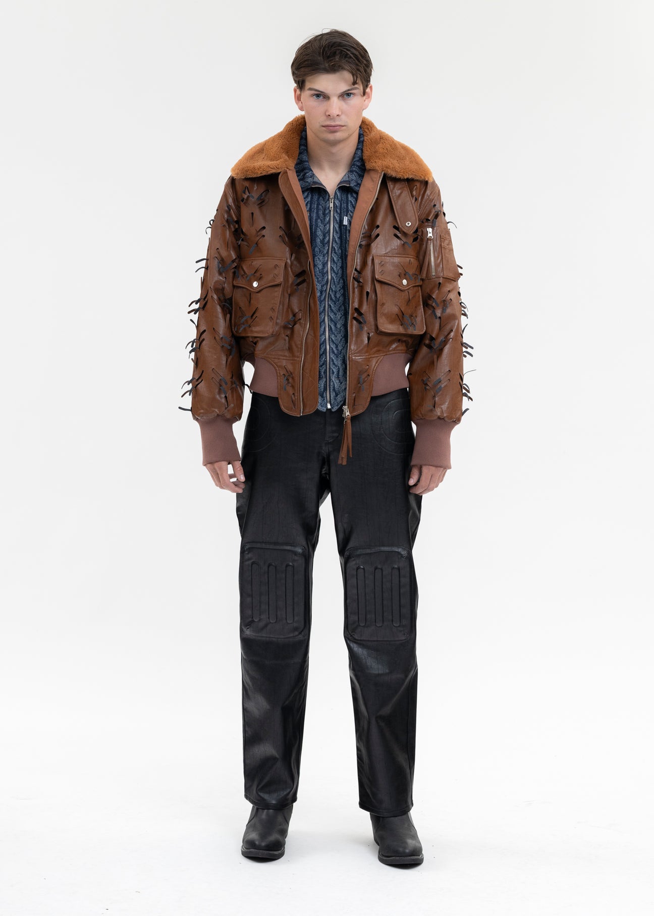 BROWN LASER-SLASHED A-2 FLIGHT FAUX LEATHER JACKET – 017 Shop