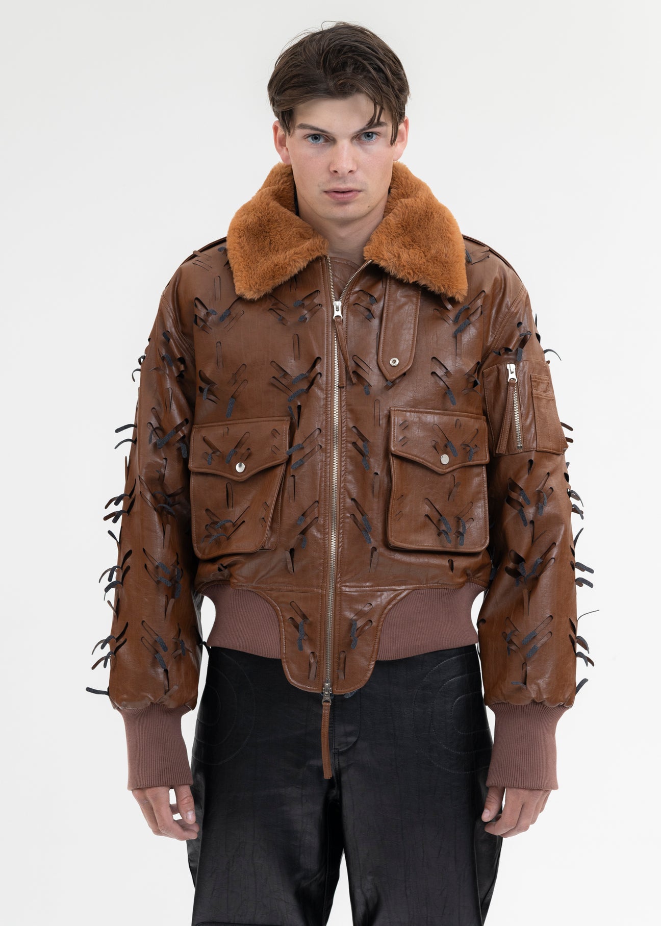 BROWN LASER-SLASHED A-2 FLIGHT FAUX LEATHER JACKET – 017 Shop