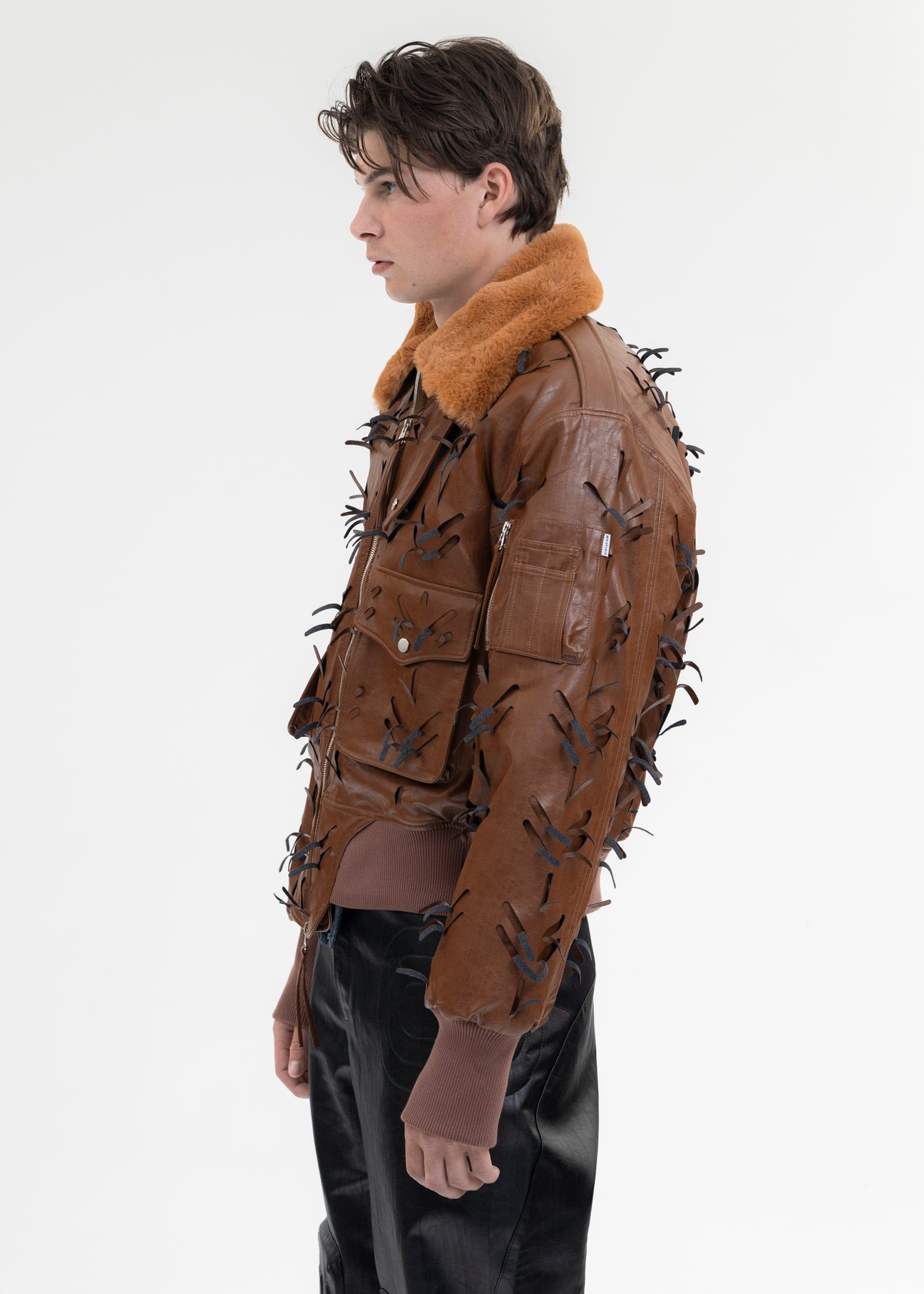 BROWN LASER-SLASHED A-2 FLIGHT FAUX LEATHER JACKET – 017 Shop
