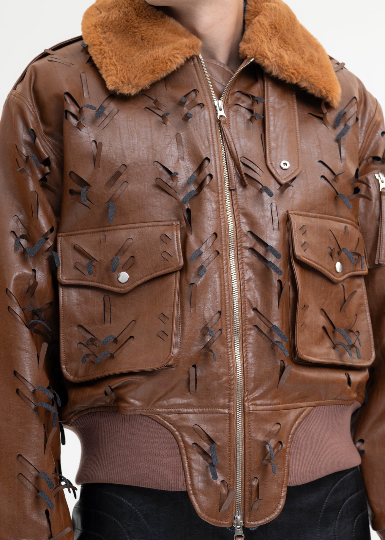 BROWN LASER-SLASHED A-2 FLIGHT FAUX LEATHER JACKET – 017 Shop