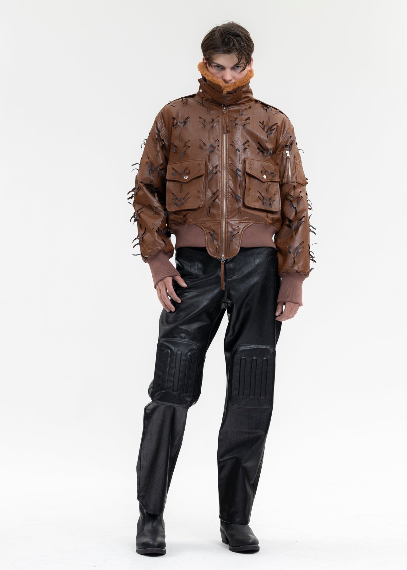 BROWN LASER-SLASHED A-2 FLIGHT FAUX LEATHER JACKET – 017 Shop