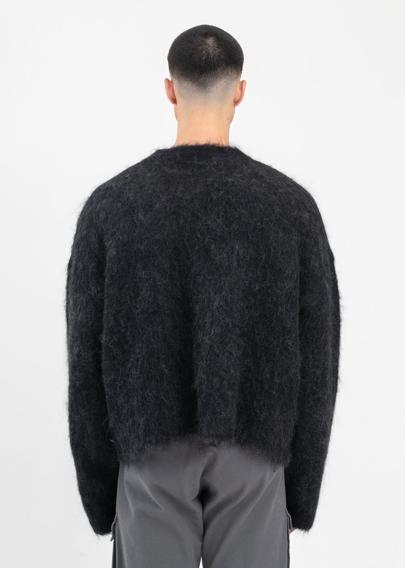 BLACK / CHARCOAL BRUSHED MOHAIR EROS V-NECK JUMPER – 017 Shop