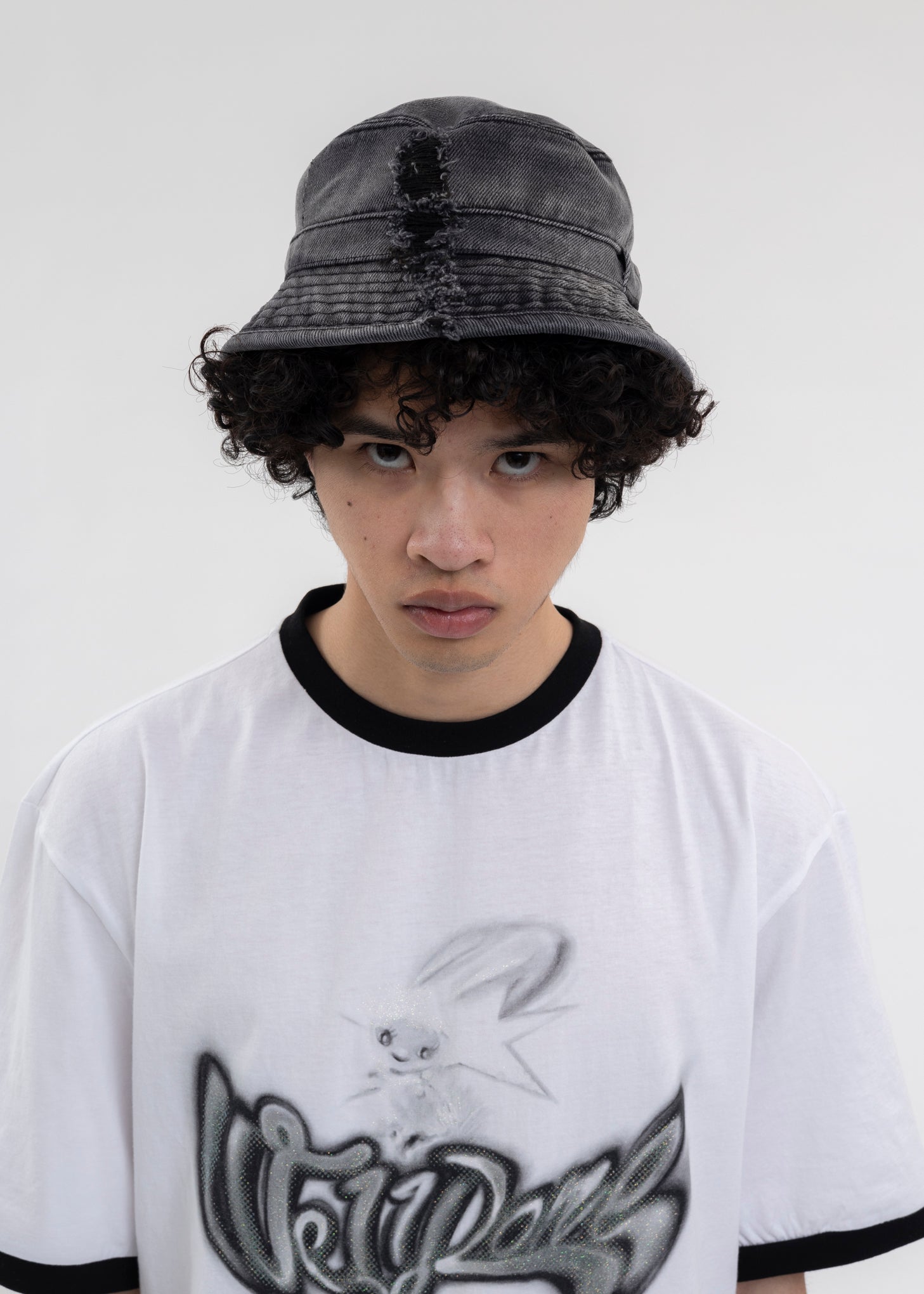 BLACK DIAGONAL DESTROYED DENIM HAT – 017 Shop