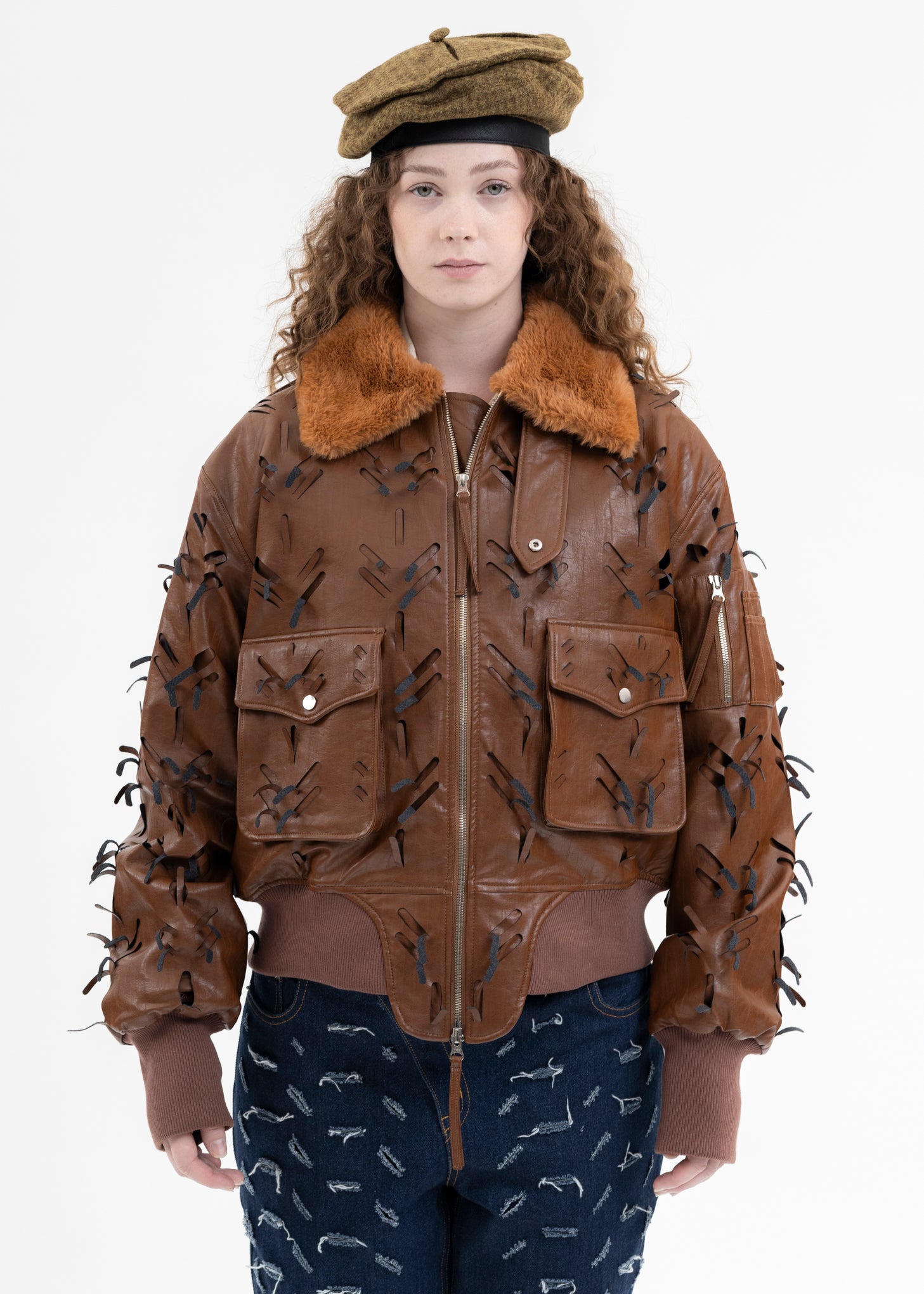 BROWN LASER-SLASHED A-2 FLIGHT FAUX LEATHER JACKET – 017 Shop