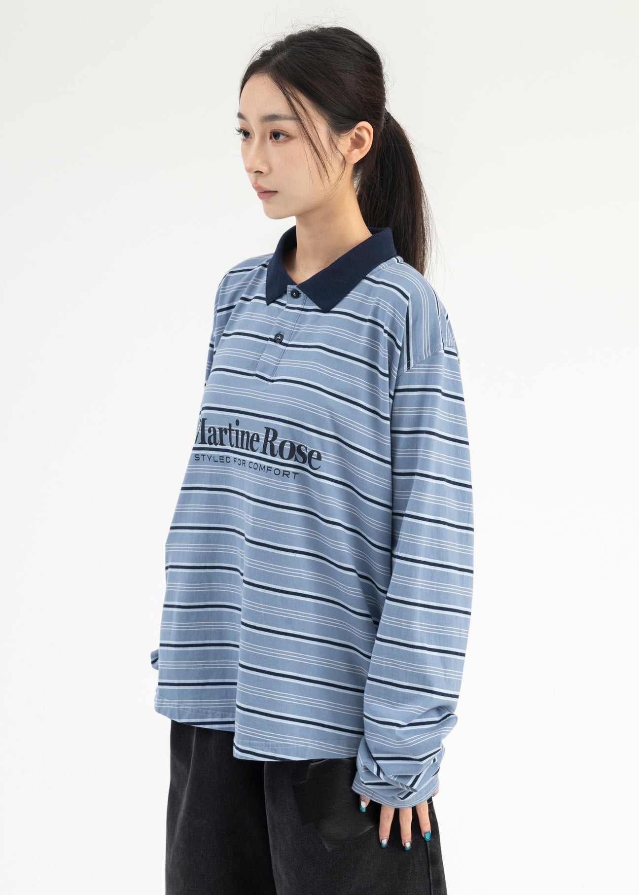 BLUE STRIPE L/S PULLED NECK POLO – 017 Shop