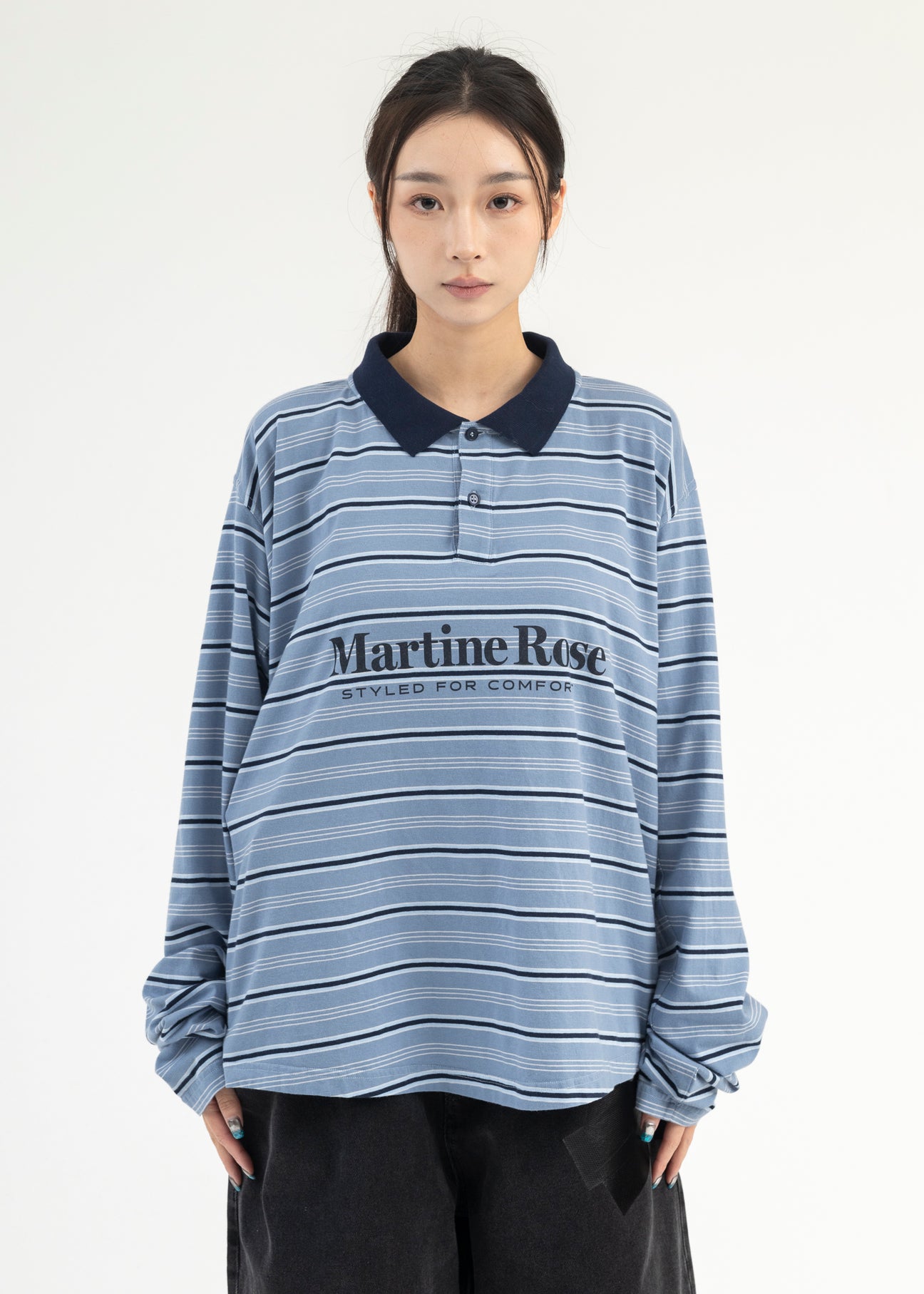 BLUE STRIPE L/S PULLED NECK POLO – 017 Shop