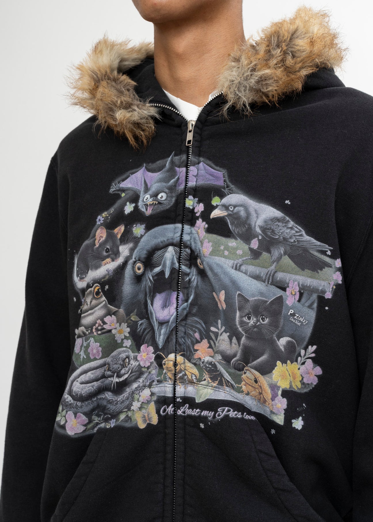 BLACK DOUBLET FURRY COLLAR ZIP-UP HOODIE – 017 Shop