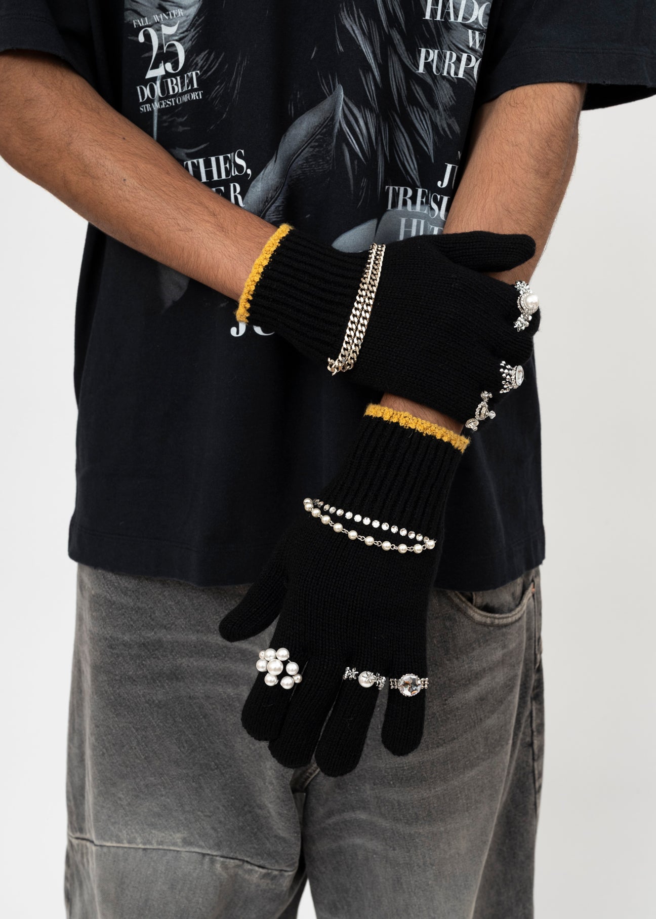 BLACK DOUBLET KNIT GLOVES WITH RINGS – 017 Shop