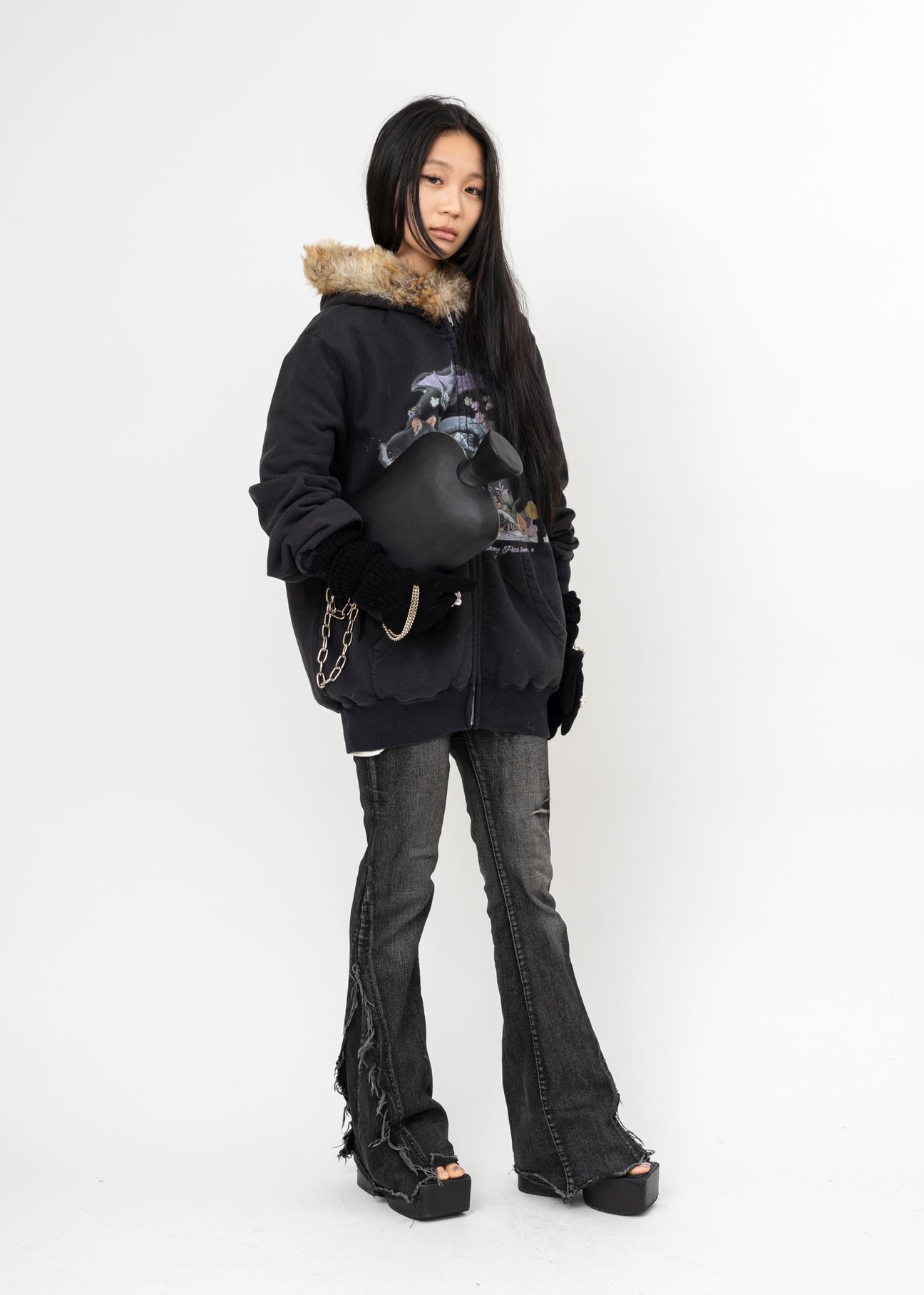BLACK DOUBLET FURRY COLLAR ZIP-UP HOODIE – 017 Shop