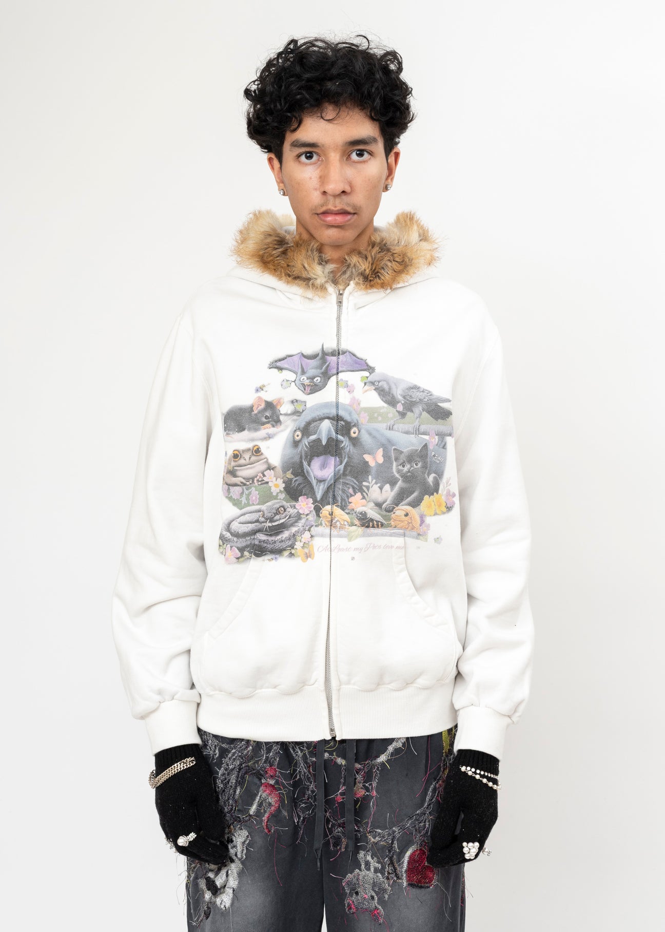 IVORY DOUBLET FURRY COLLAR ZIP-UP HOODIE – 017 Shop