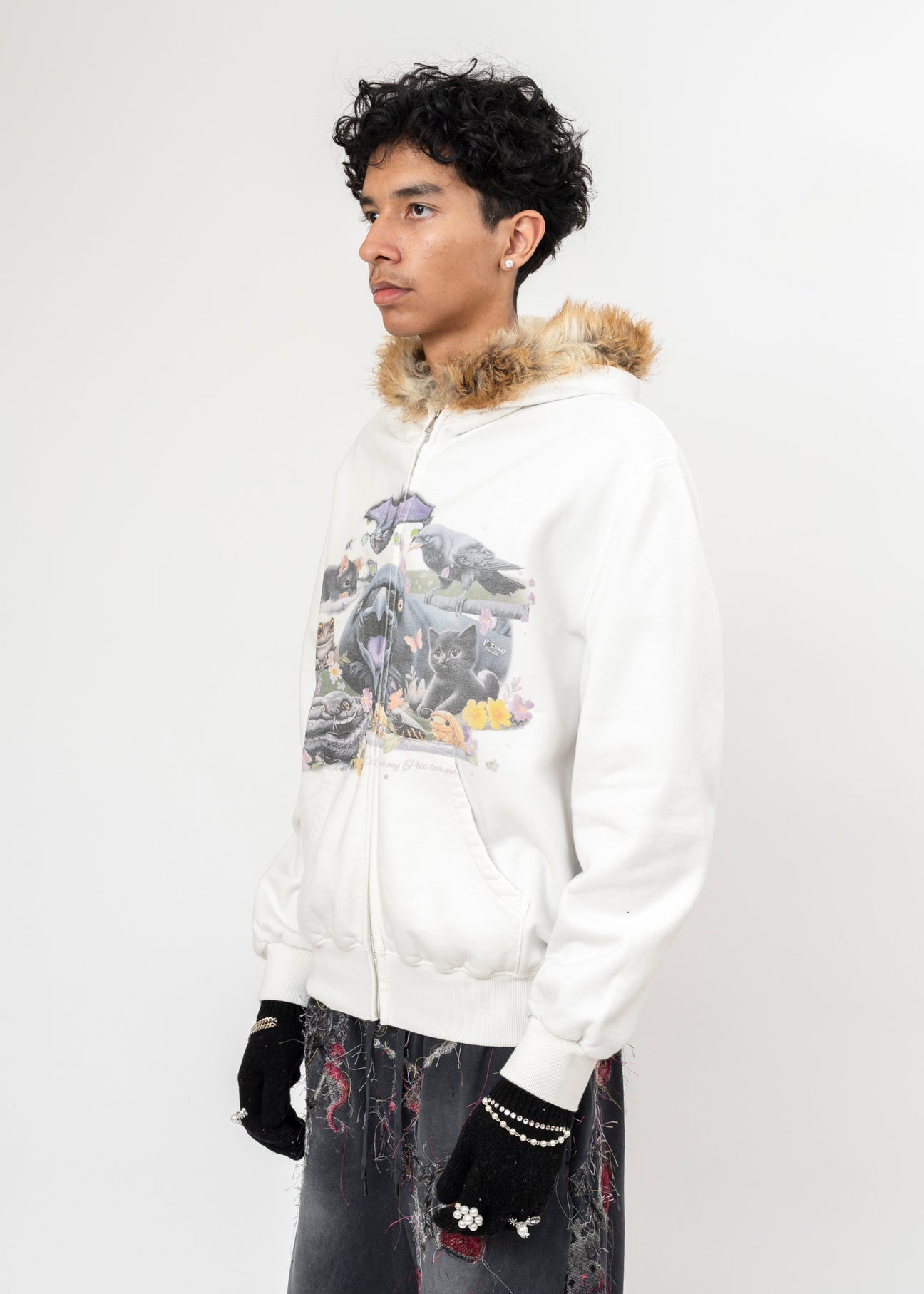 IVORY DOUBLET FURRY COLLAR ZIP-UP HOODIE – 017 Shop