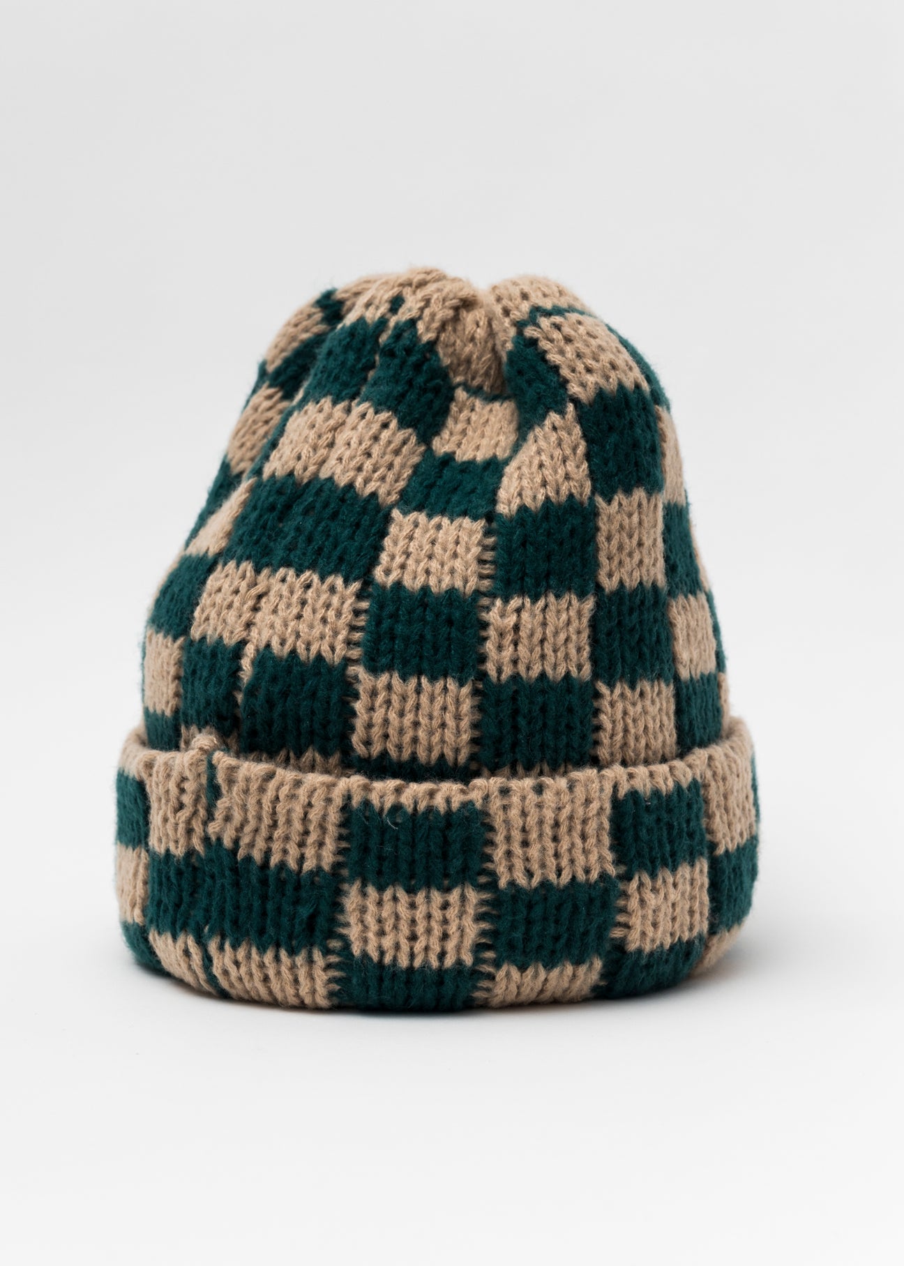 Beige & Green Checkered Beanie – 017 Shop