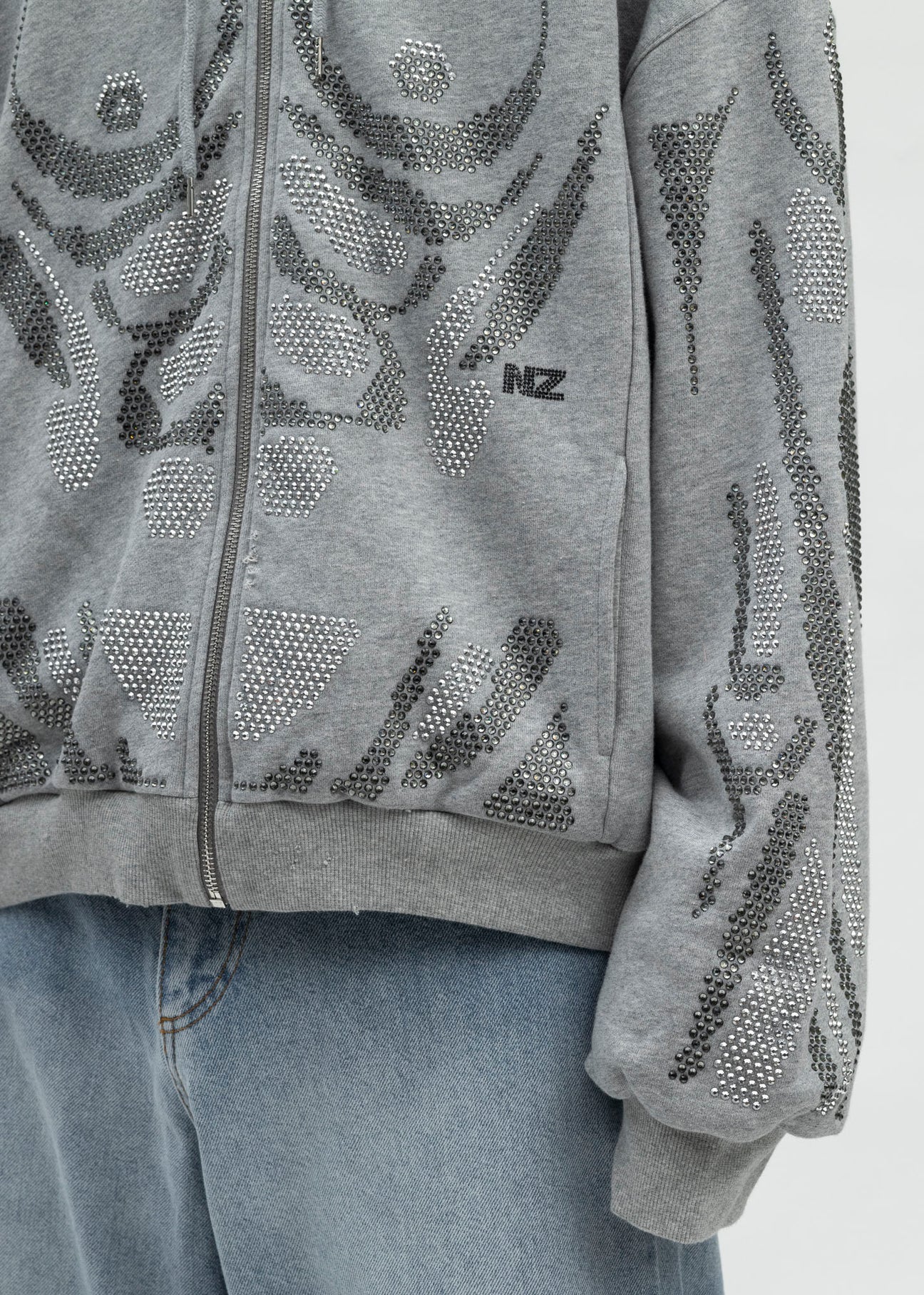 GREY RHINESTONES RHINESTONES ZIP-UP HOODIE – 017 Shop