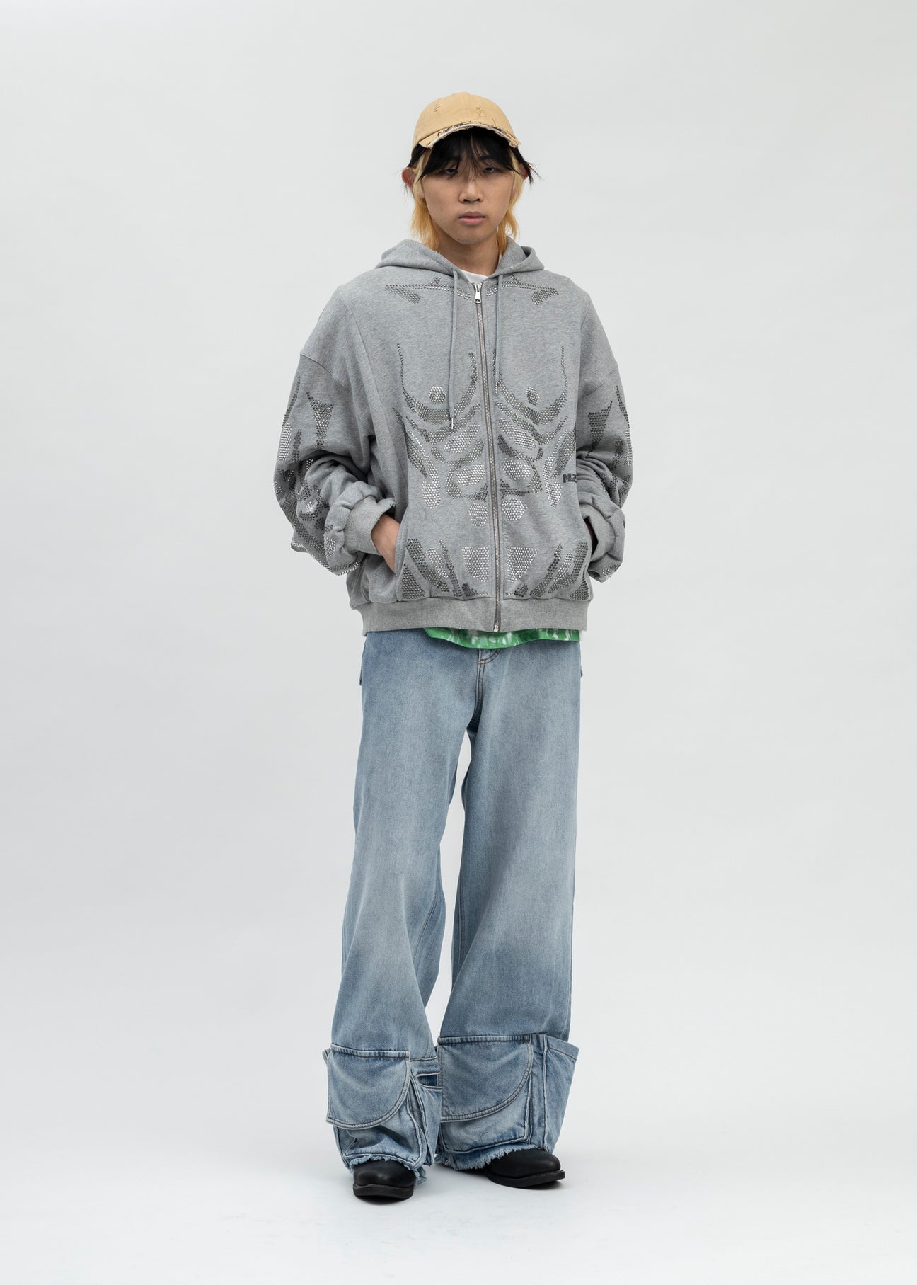 GREY RHINESTONES RHINESTONES ZIP-UP HOODIE – 017 Shop