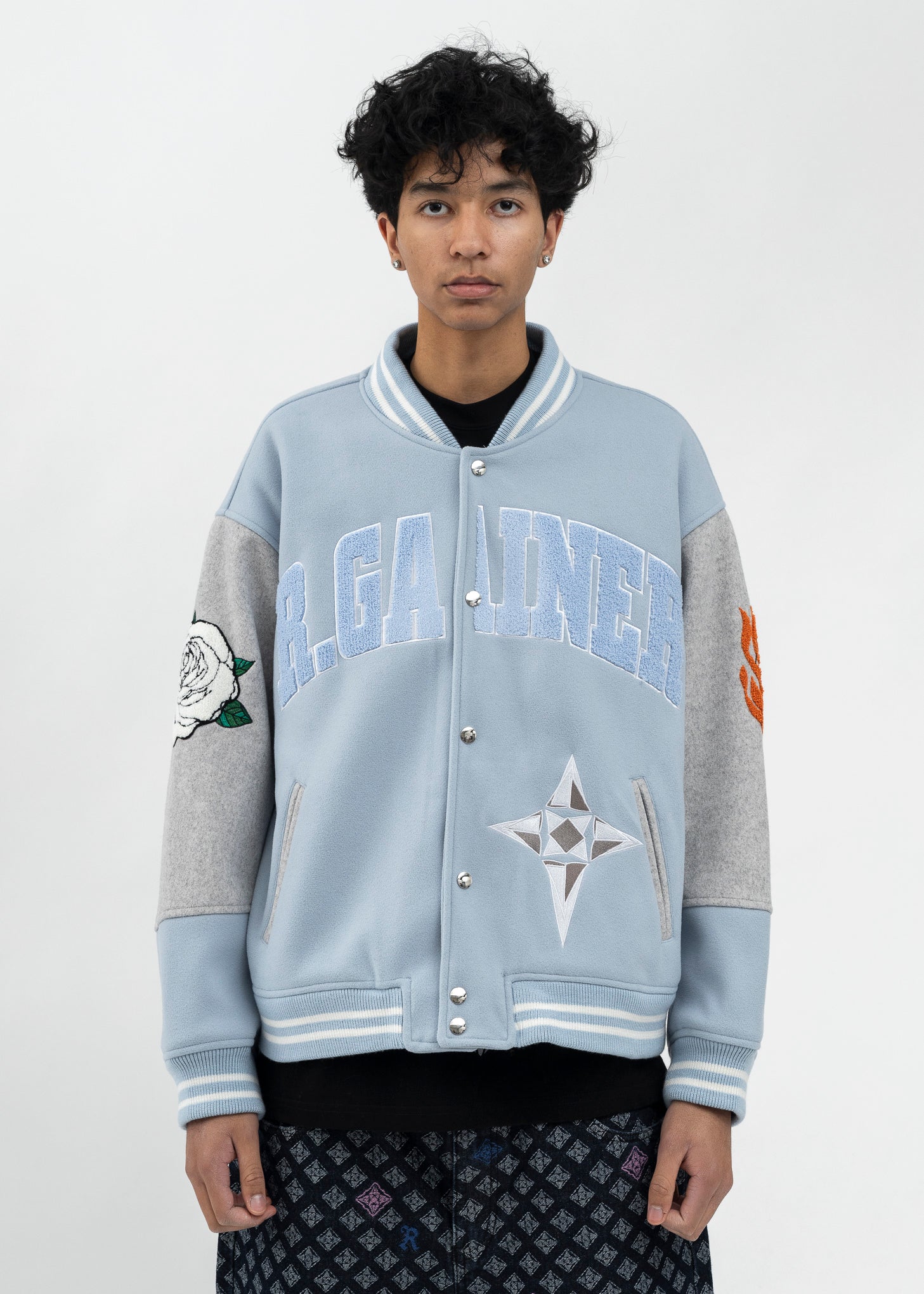 LIGHT BLUE/GREY ROSE EMBROIDERY PATCHWORK BOMBER JACKET – 017 Shop