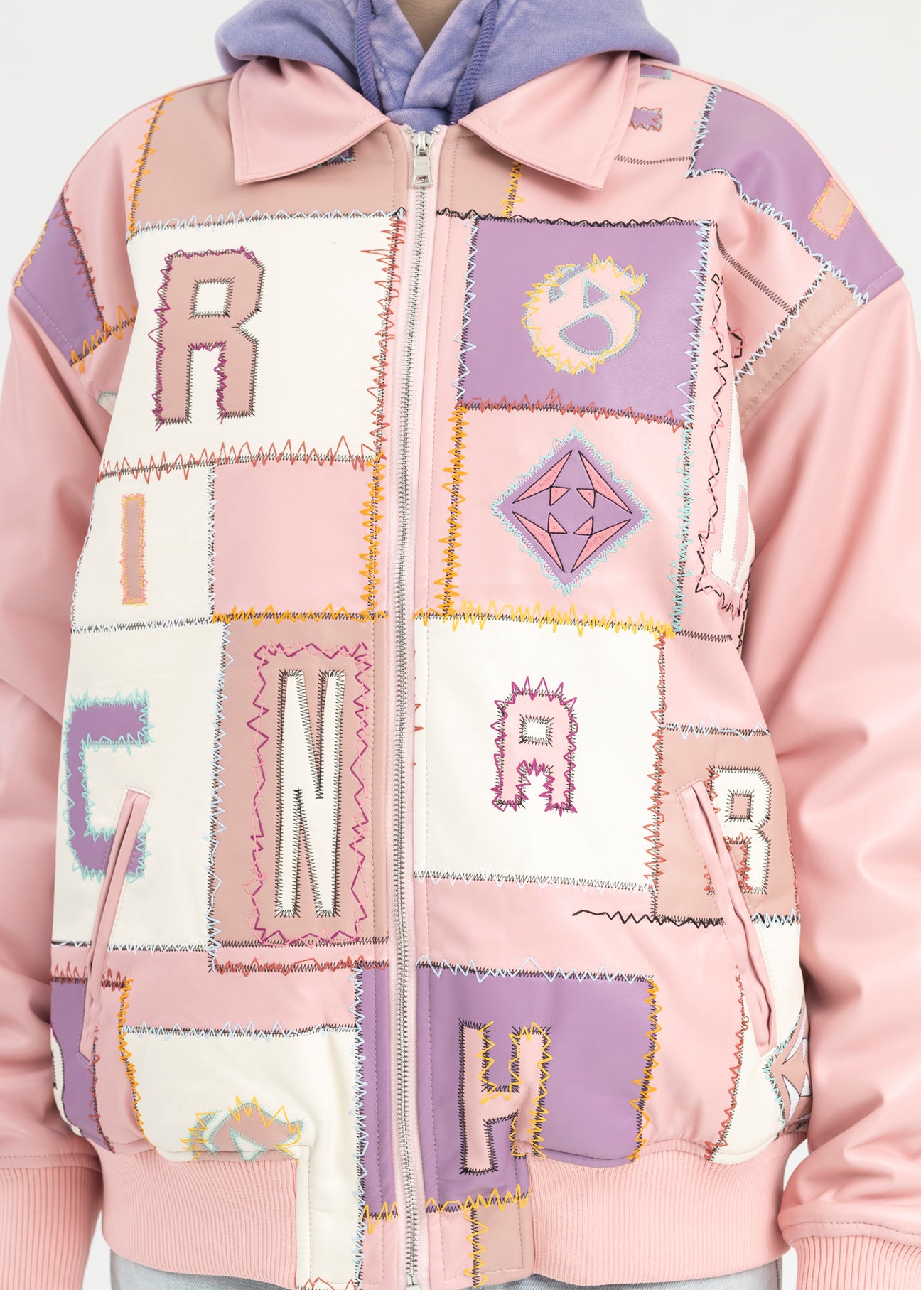 PINK EMBROIDERY PATCHWORK FAUX LEATHER JACKET – 017 Shop