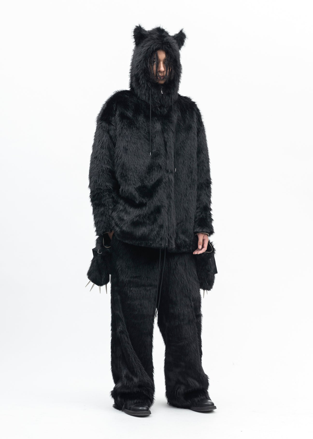 Black Wolf Hooded Faux Fur Coat Black BLACK FAUX-FUR DEVIL JACKET