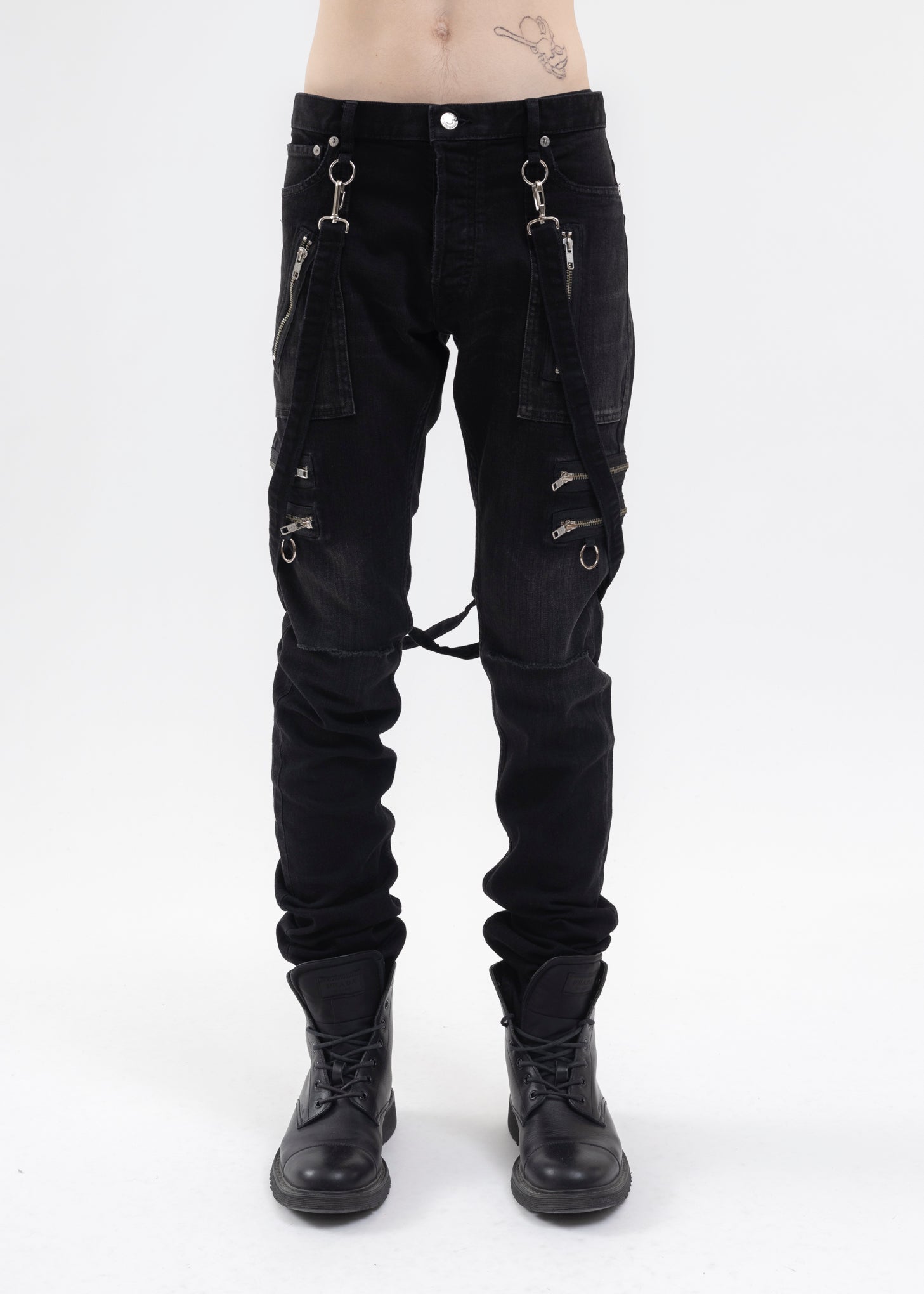 BLACK SKINNY ZIP & STRAPS DENIM PANTS DISTRESSED DENIM 017 Shop