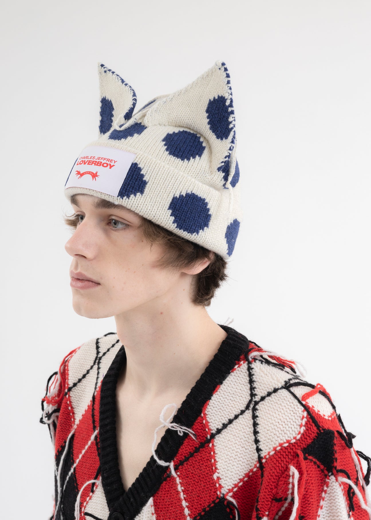 NAVY + ECRU POLKADOT CHUNKY EARS BEANIE – 017 Shop
