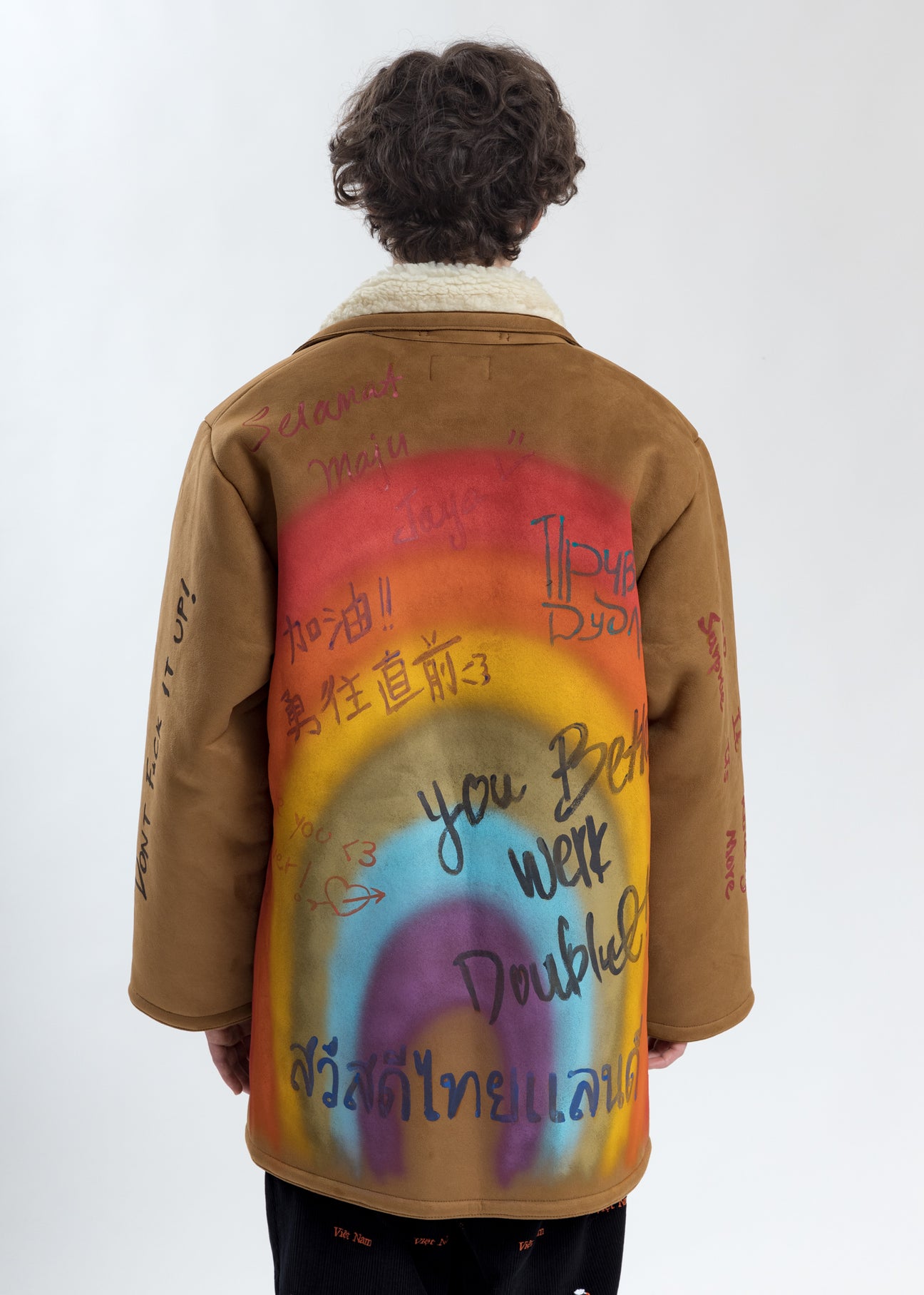 Camel Message Hand-Painted Mouton Coat – 017 Shop Camel Message Hand-Painted Mouton Coat – 017 Shop