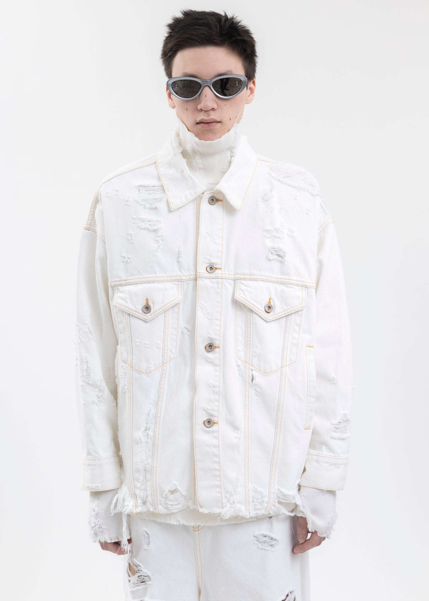 WHITE DESTROYED DENIM JACKET – 017 Shop