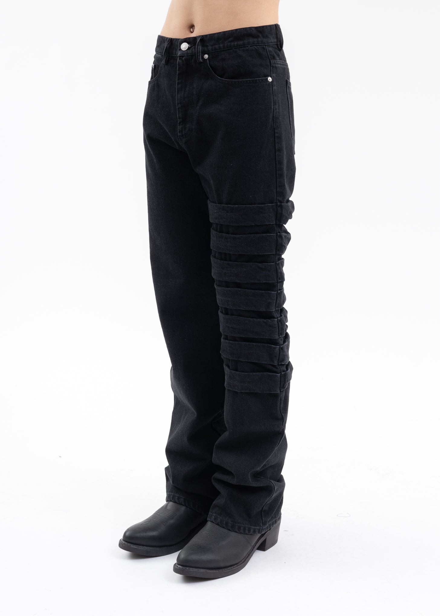 BLACK HALF PLASTER DENIM PANTS – 017 Shop