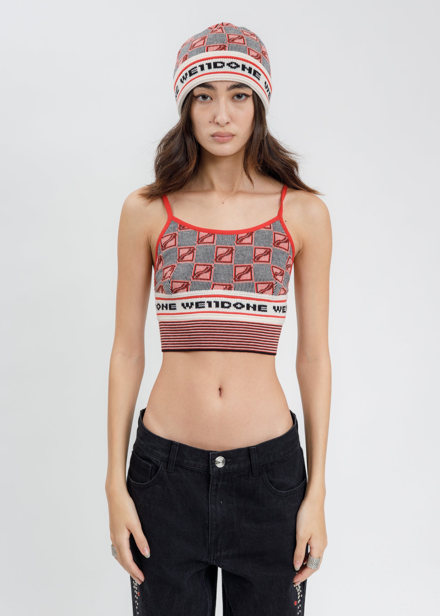 Red All Over Logo Stripe Bra Top – 017 Shop