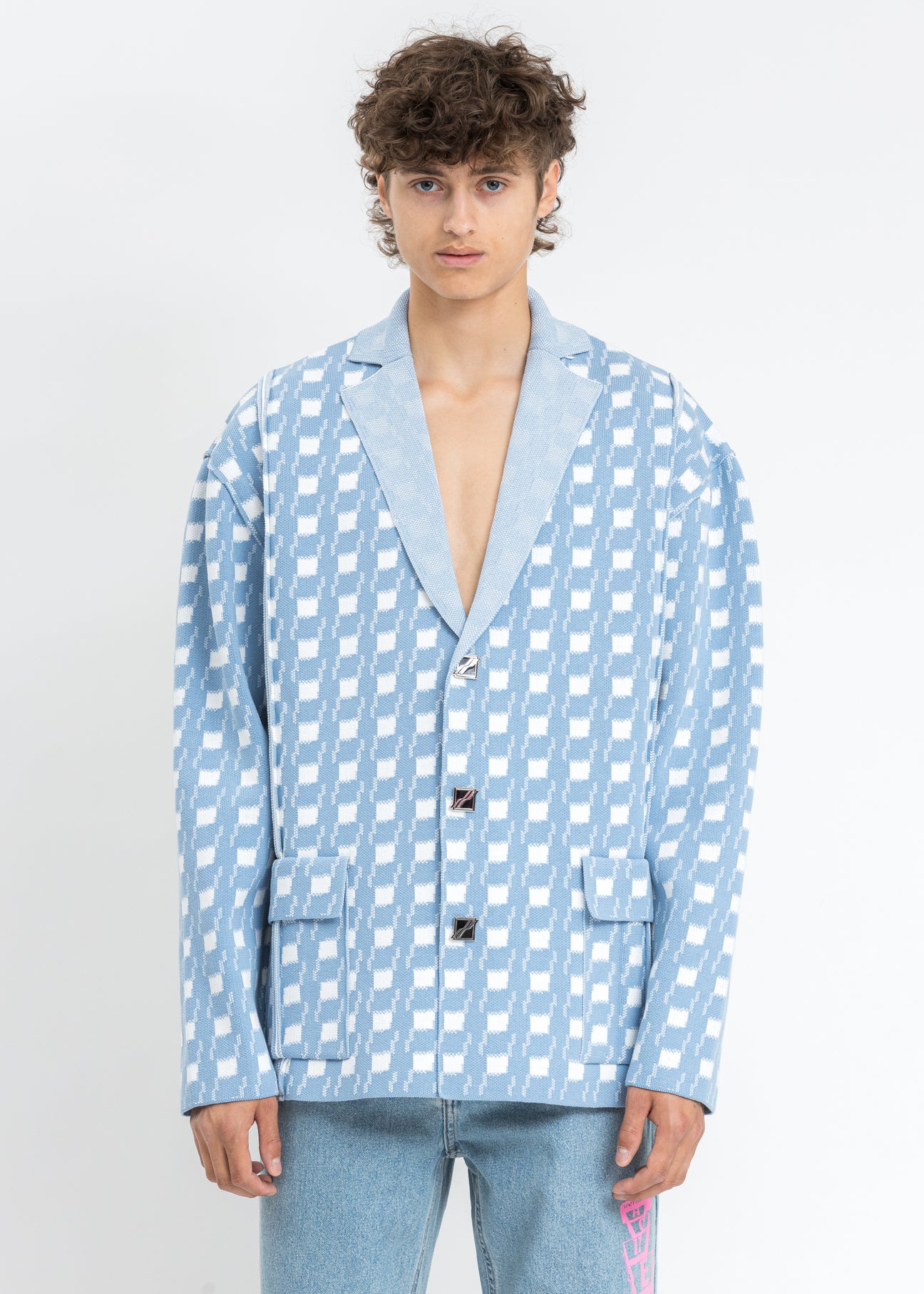 Sky Blue Gingham Check Oversize Jacquard Jacket