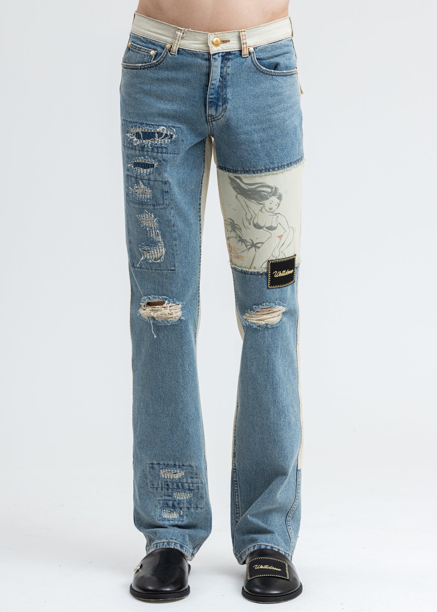 Blue Damage Washed Patch Work Denim Jeans – 017 Shop