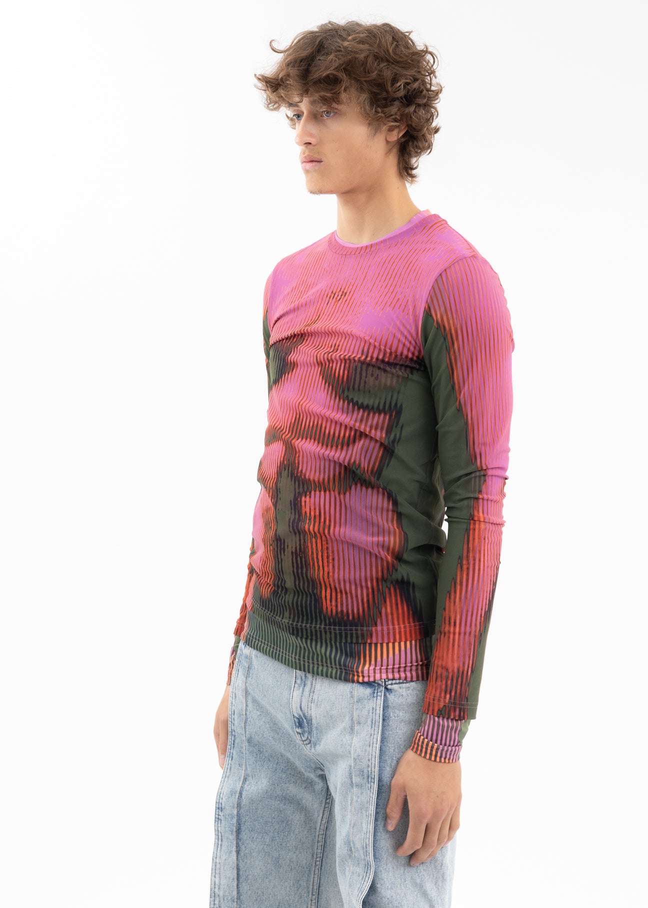 トップス Jean Paul GAULTIER homme Rose mesh top Rose Printed Mesh Long Sleeve Top Red And Green | The Webster