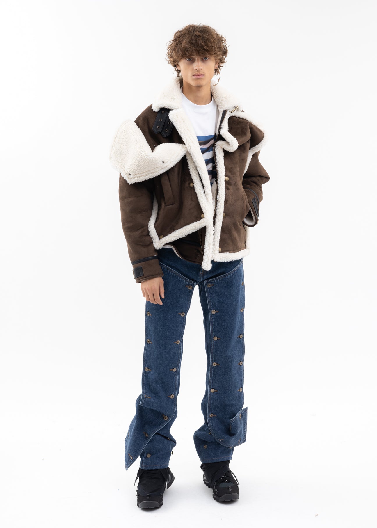 ジャケット・アウター Y/project shearling snap panel coat Y/Project Brown Snap Panel Faux-Shearling Jacket Y/Project