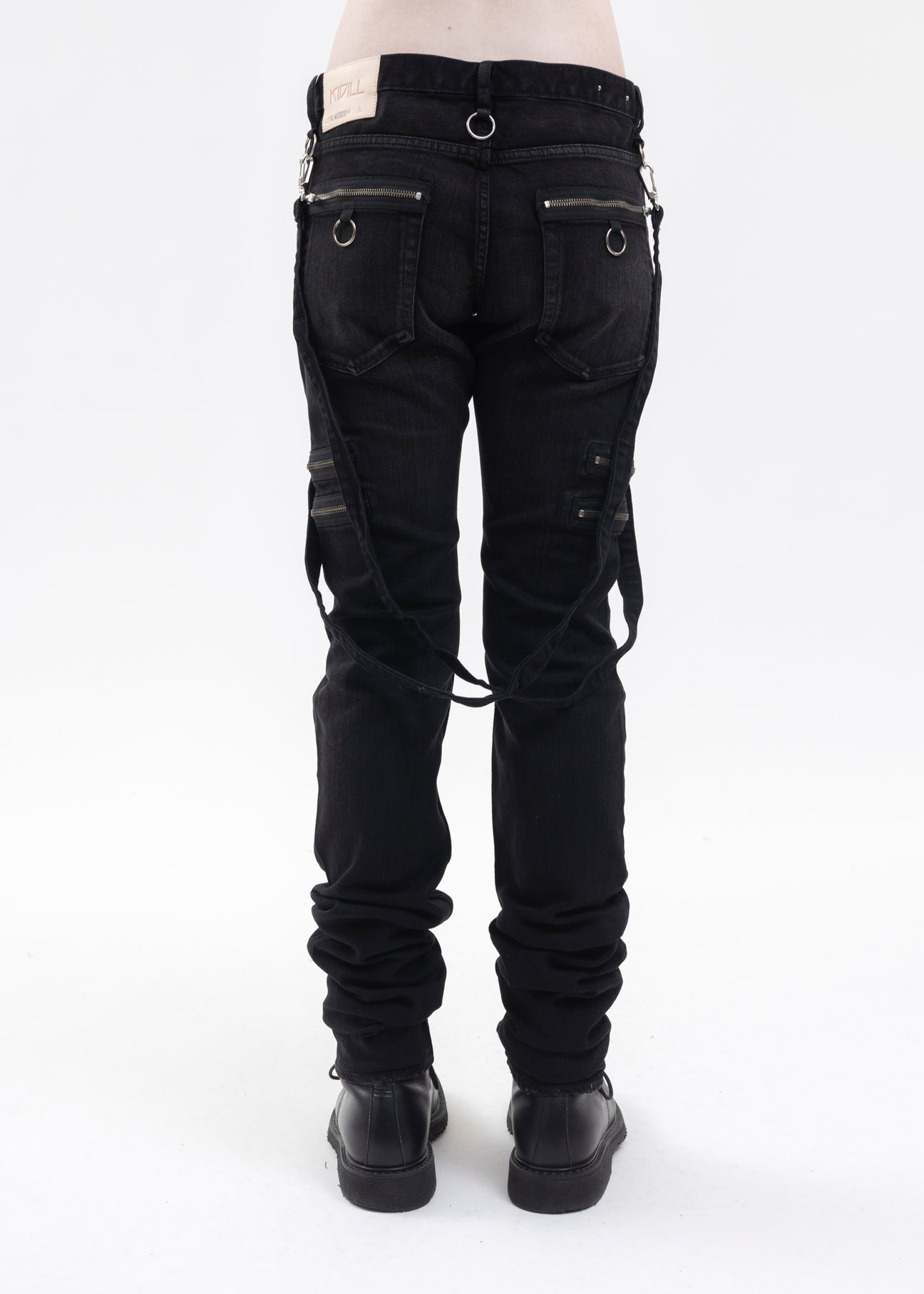 BLACK SKINNY ZIP & STRAPS DENIM PANTS - DISTRESSED DENIM